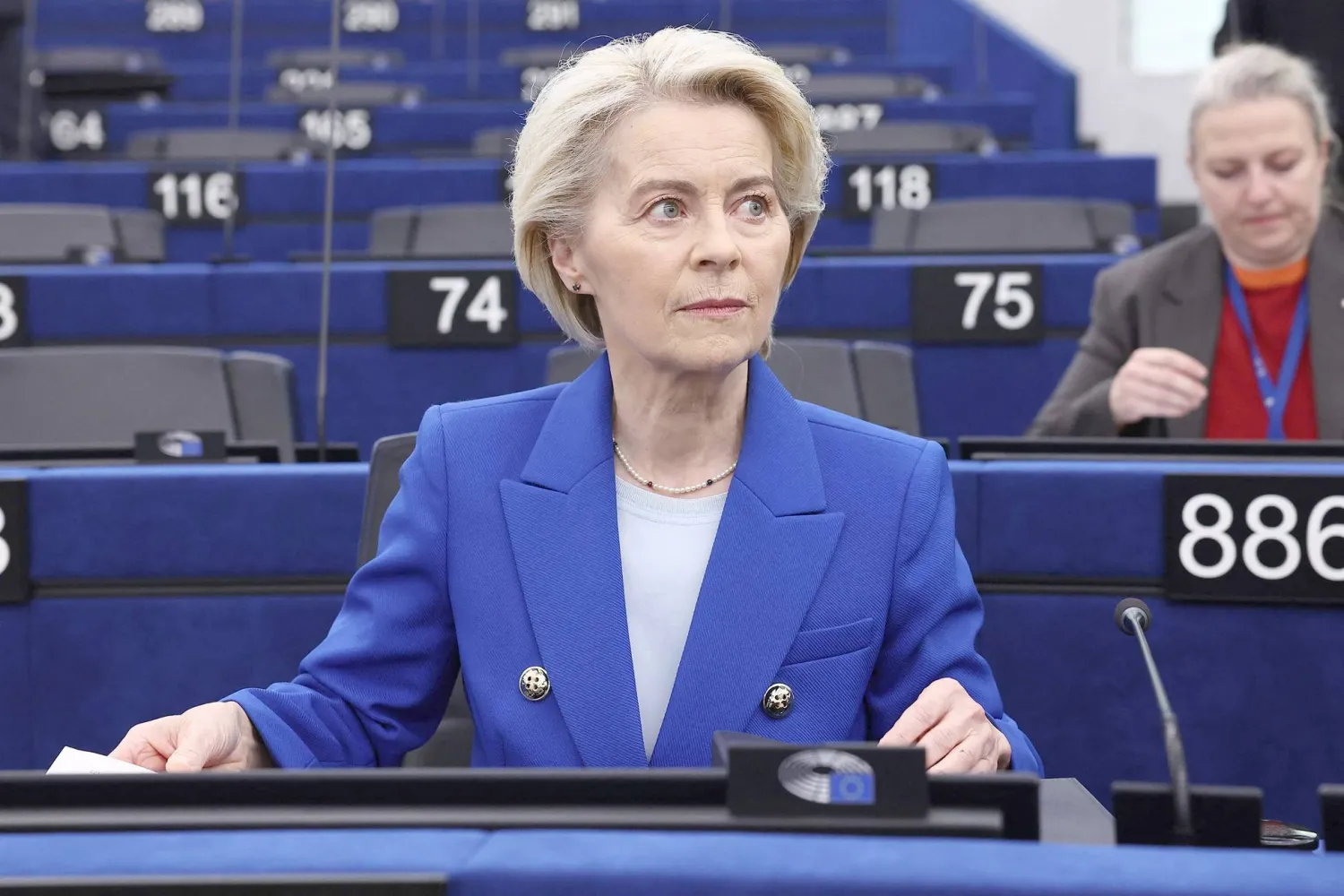 EU Commission President Ursula von der Leyen attends a debate on recent Russian violations of the EU Member States’ airspace and critical infrastructure at the European Parliament in Strasbourg, eastern France, on October 8, 2025. (Photo by FREDERICK FLORIN / AFP)