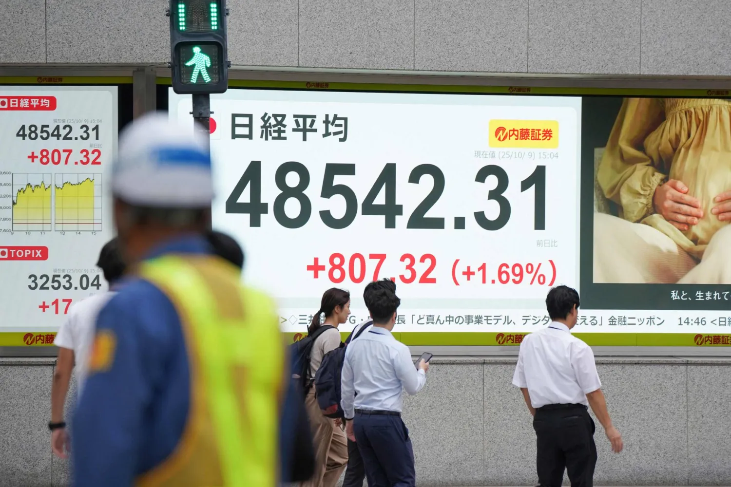 مشاة يمرون أمام لوحة إلكترونية تعرض حركة الأسهم في وسط العاصمة اليابانية طوكيو (أ.ف.ب)