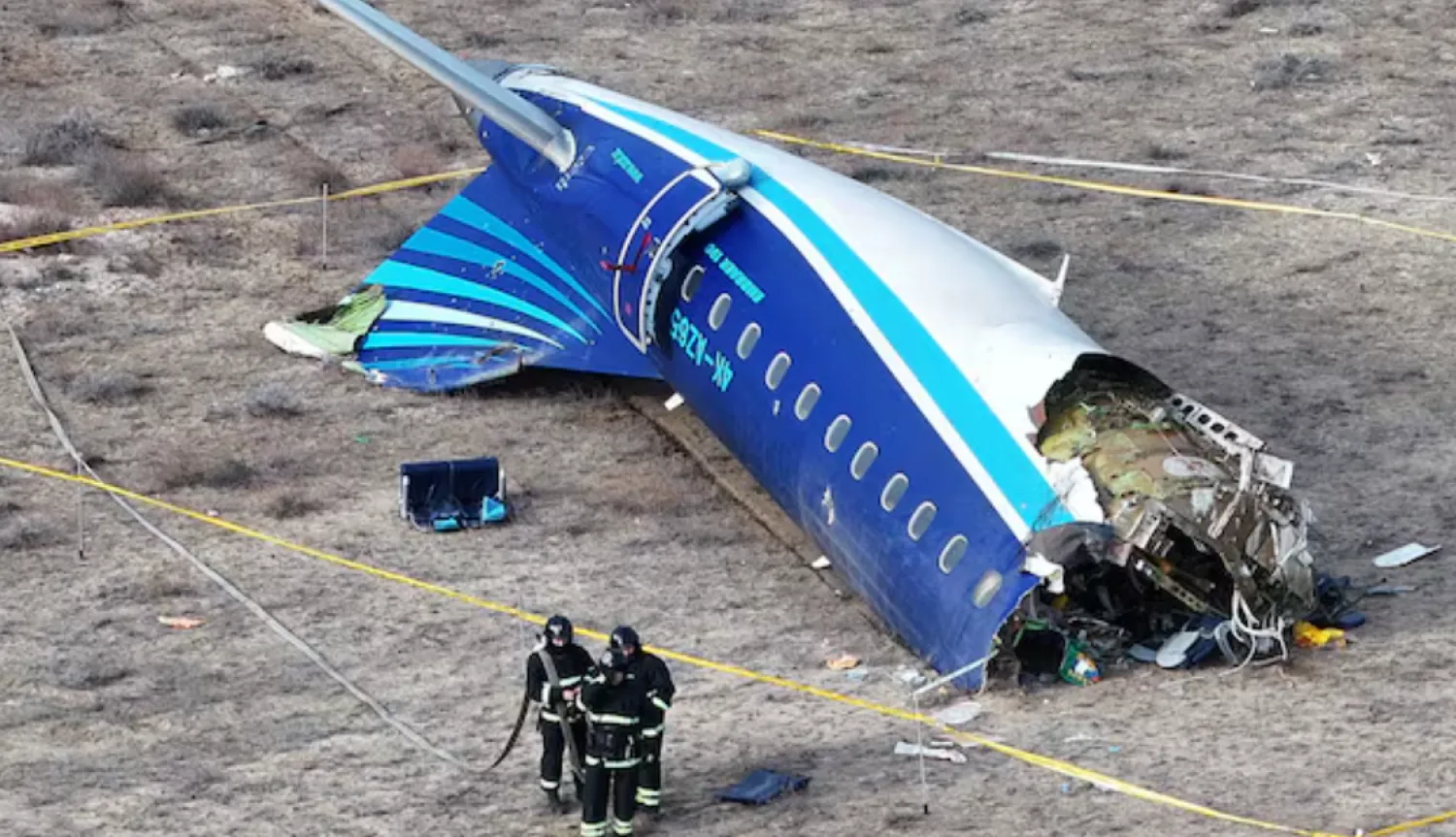 A drone view shows emergency specialists working at the crash site of an Azerbaijan Airlines passenger plane near the city of Aktau, Kazakhstan December 25, 2024. REUTERS/Azamat Sarsenbayev/File Photo 