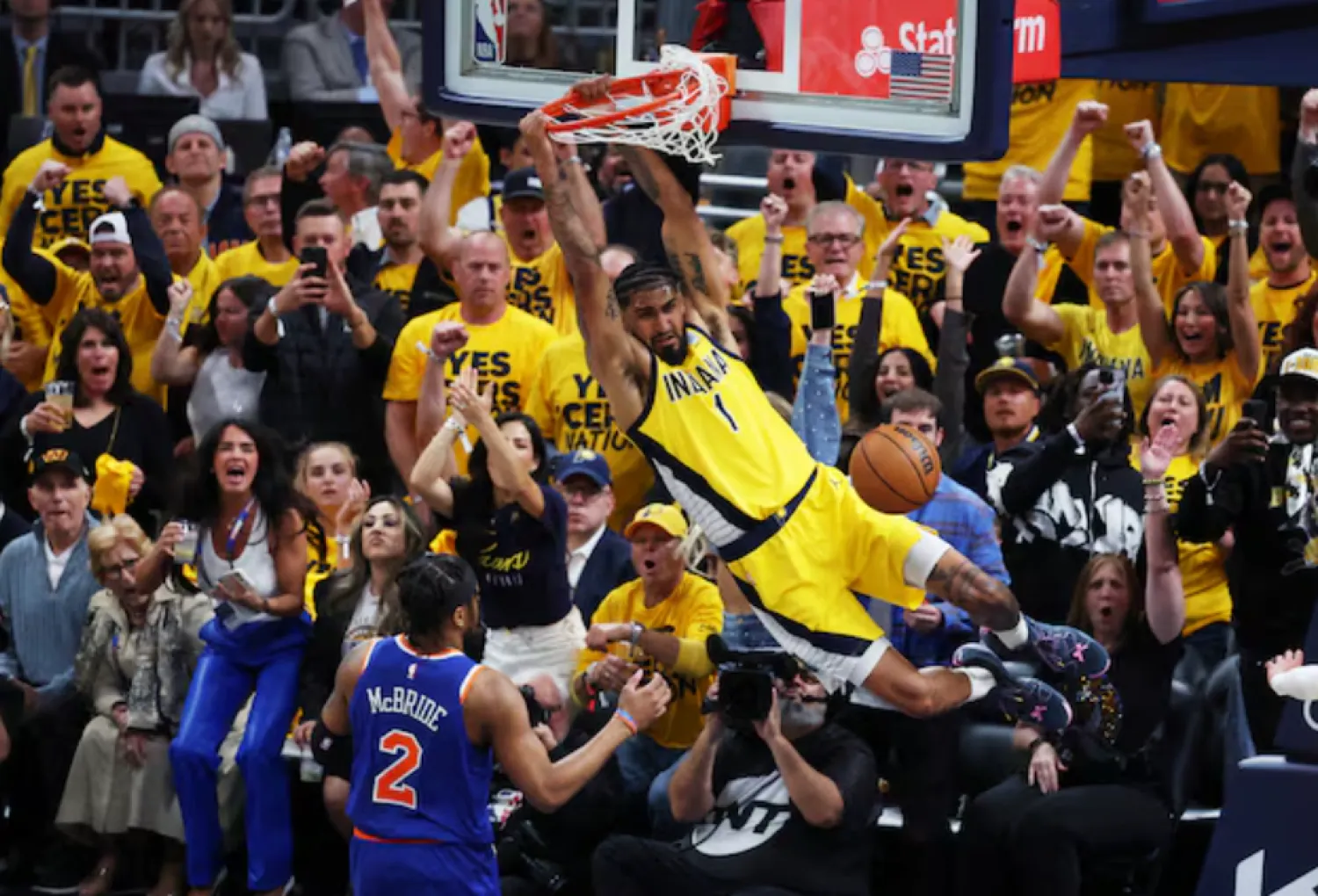 May 27, 2025; Indianapolis, Indiana, USA; Indiana Pacers forward Obi Toppin (1) dunks during the first quarter against the New York Knicks of game four of the eastern conference finals for the 2025 NBA Playoffs at Gainbridge Fieldhouse. Mandatory Credit: Trevor Ruszkowski-Imagn Images