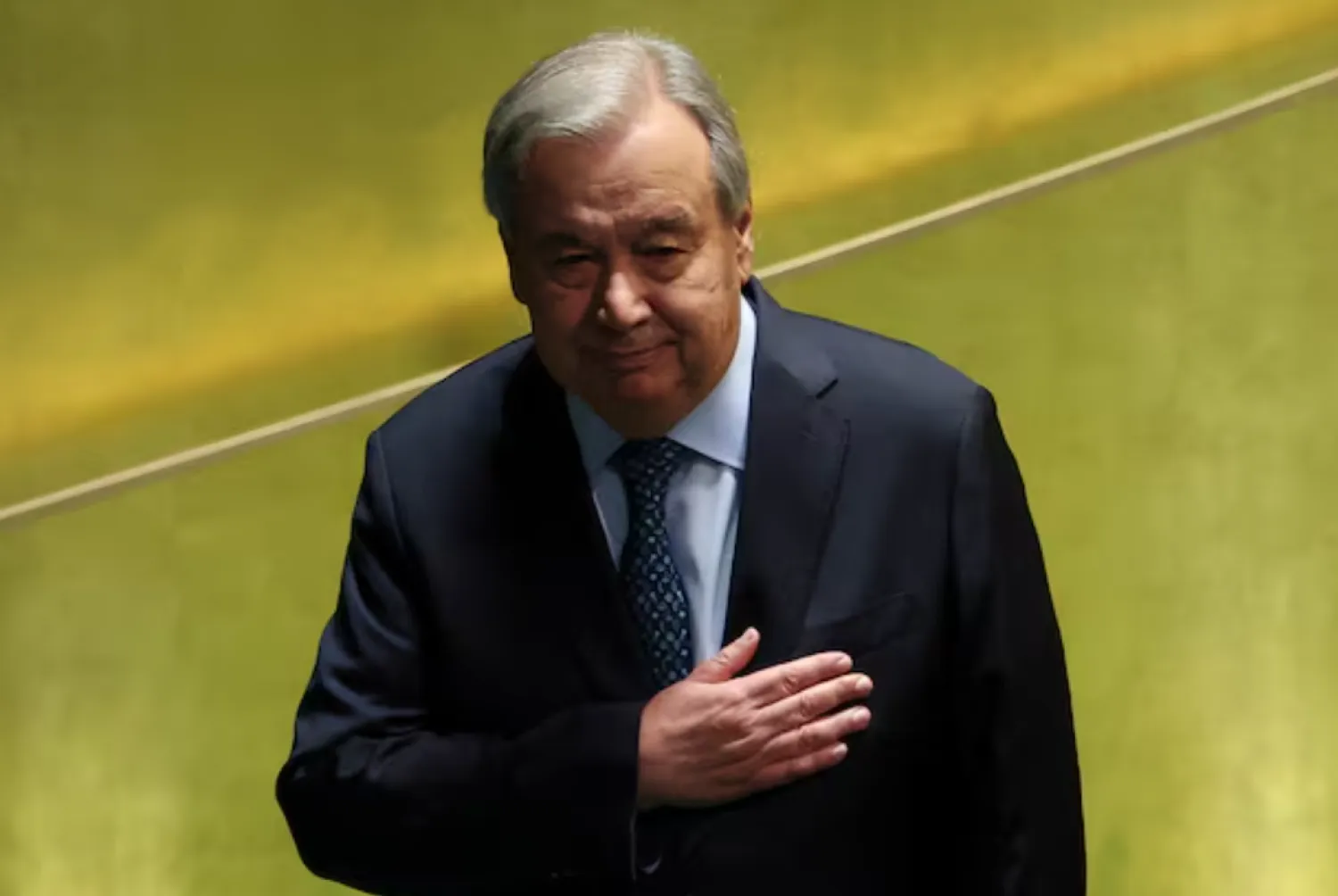 United Nations Secretary-General Antonio Guterres gestures next to the podium during the 80th United Nations General Assembly at UN headquarters in New York City, US, September 23, 2025. REUTERS/Mike Segar 