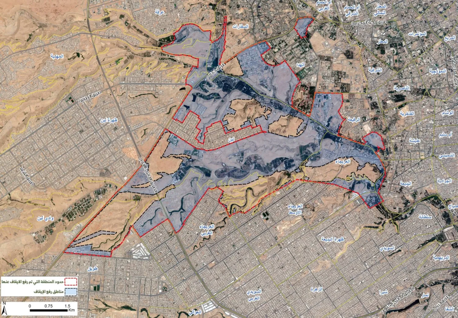 خريطة توضح المنطقة التي رُفع الإيقاف عنها غرب العاصمة السعودية (الهيئة الملكية لمدينة الرياض)