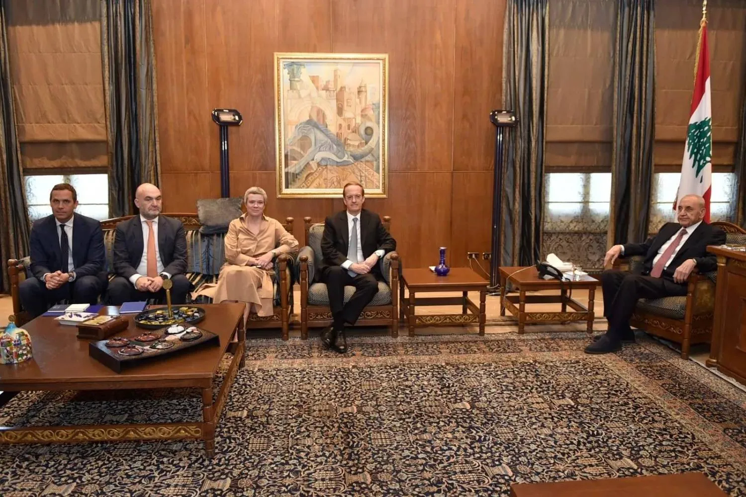 Lebanese Parliament Speaker Nabih Berri meets EU Deputy Secretary-General for Peace, Security, and Defense Charles Fries and accompanying delegation (Parliament)