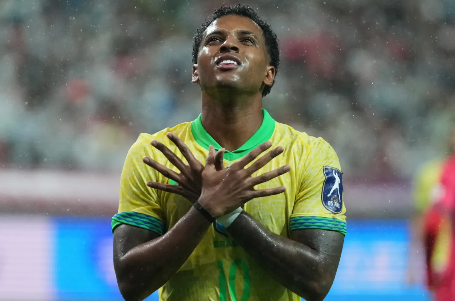 Brazil's Rodrygo celebrates after scoring his side's second goal during the international friendly soccer match between South Korea and Brazil at Seoul World Cup Stadium in Seoul, South Korea, Friday, Oct. 10, 2025. (AP Photo/Lee Jin-man)