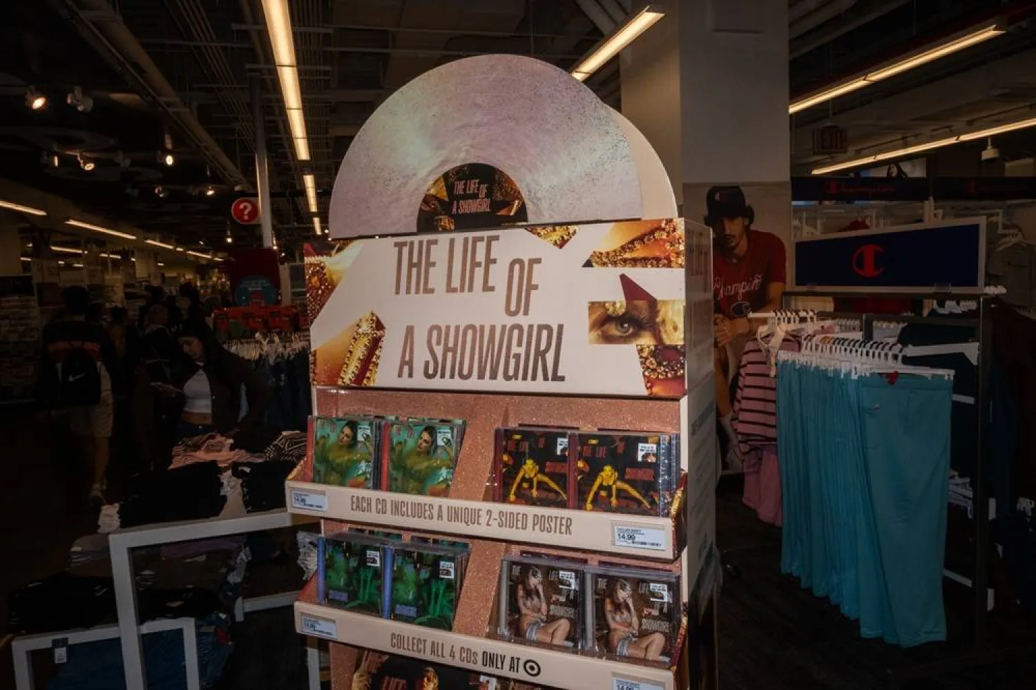 Copies of US singer Taylor Swift's album "The Life of a Showgirl" are seen on a stand during the release party at Target in Times Square, in New York, New York, USA, 03 October 2025. (EPA)