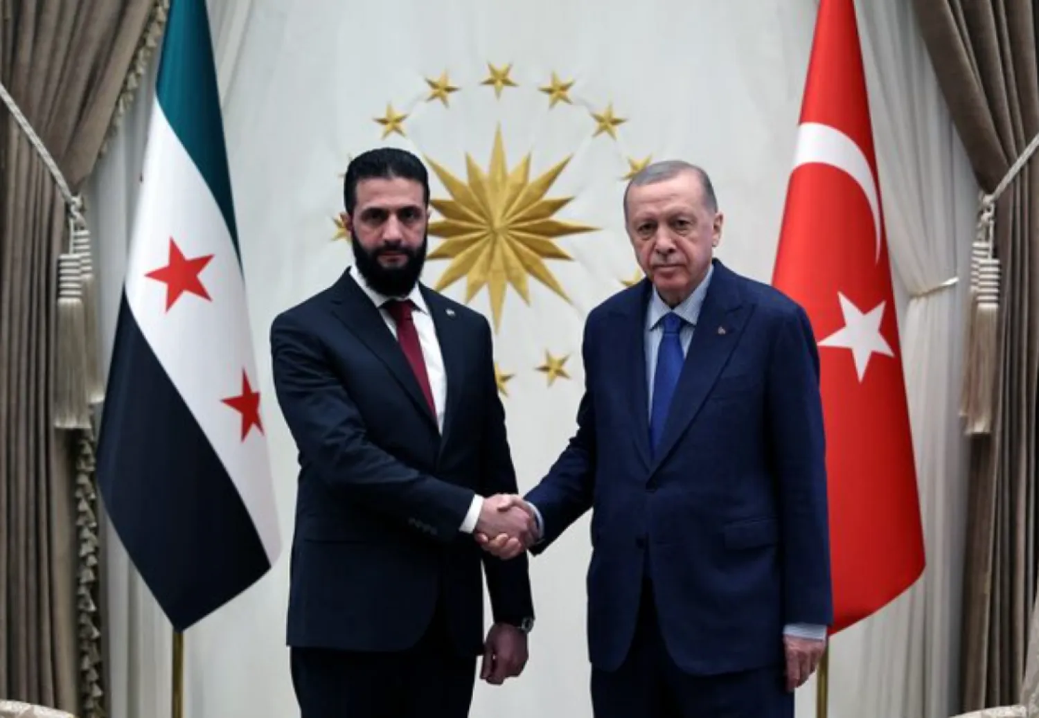 FILE: Syria's newly appointed president for a transitional phase Ahmed al-Sharaa meets with Turkish President Tayyip Erdogan at the Presidential Palace in Ankara, Türkiye, February 4, 2025. Murat Cetinmuhurdar/PPO/Handout via REUTERS 