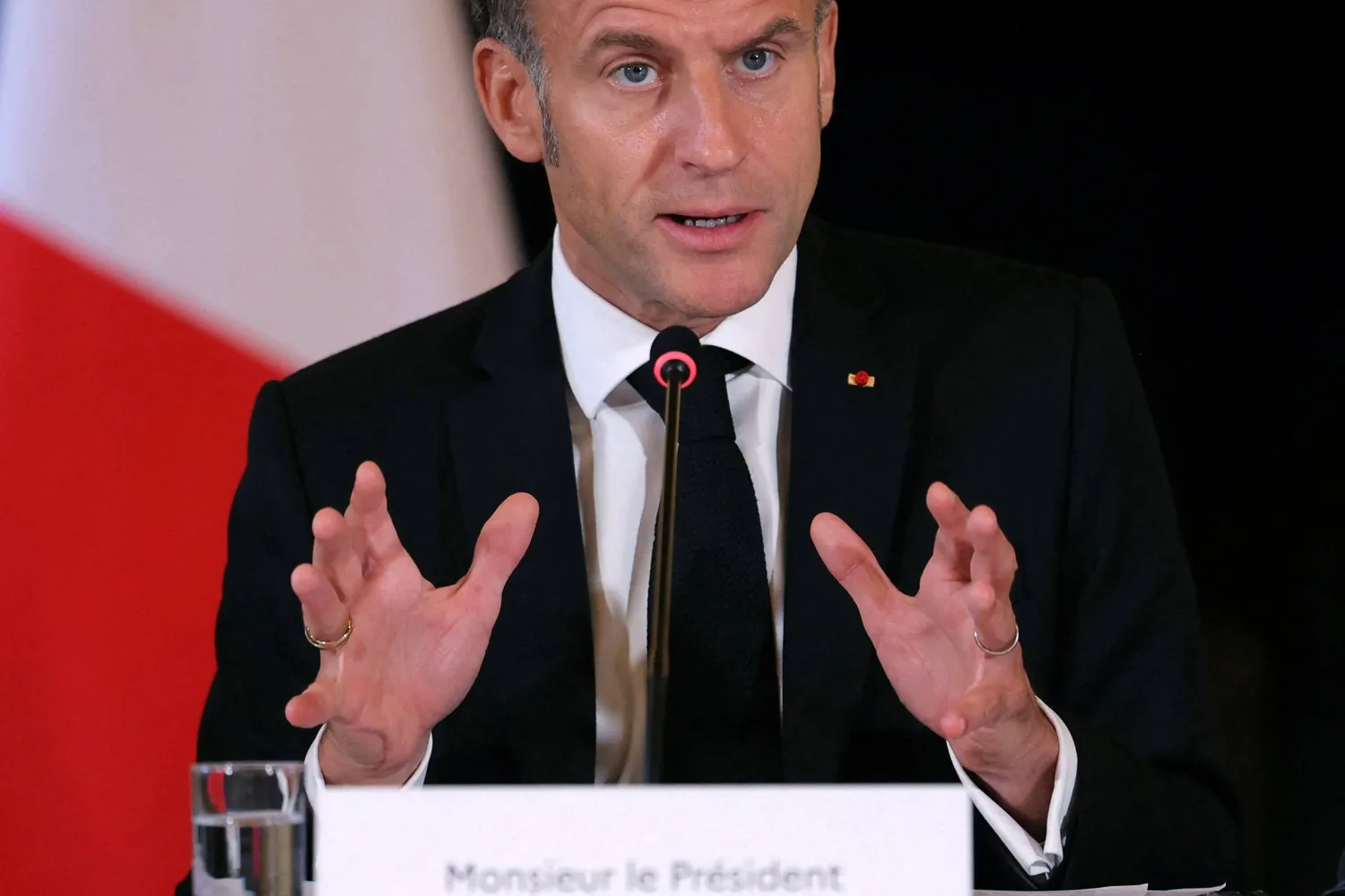 France's President Emmanuel Macron speaks during a ministerial meeting on the implementation of the Middle East peace plan at the Quai d'Orsay, in Paris, France October 9, 2025. Thomas Samson/Pool via REUTERS