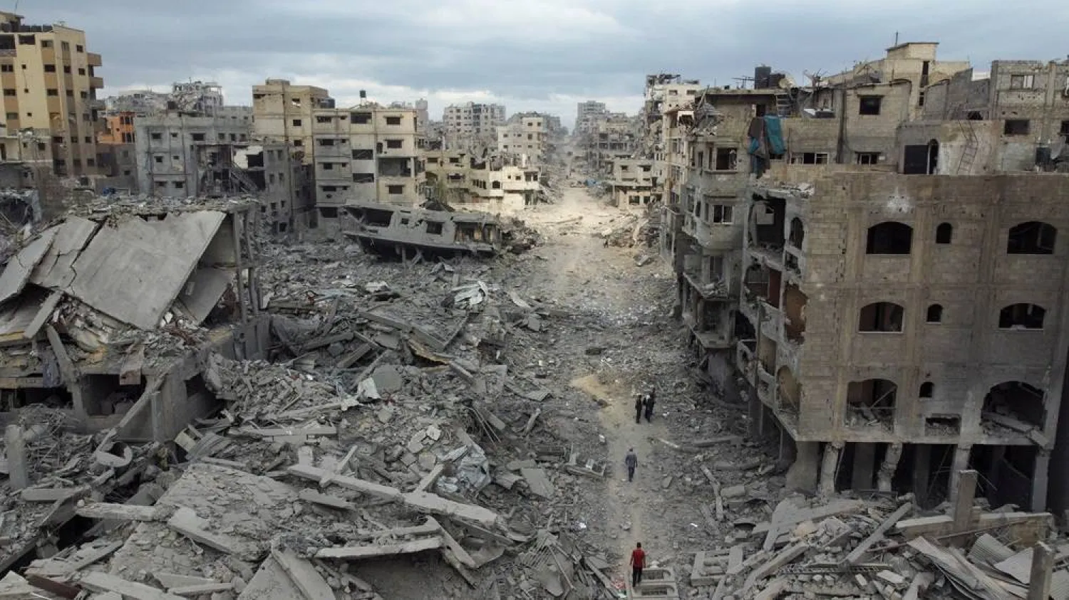 A drone view shows Palestinians walking past rubble following the withdrawal of the Israeli forces from the area, amid a ceasefire between Israel and Hamas in Gaza, in Gaza City, October 12, 2025. (Reuters)