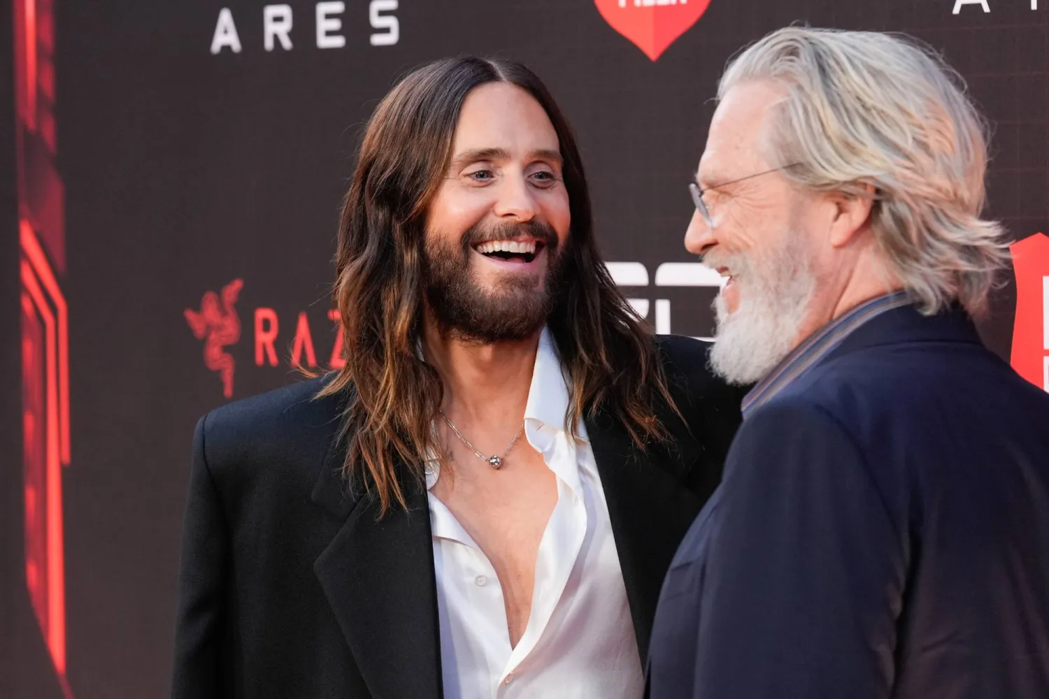 Jared Leto, left, and Jeff Bridges arrive at the premiere of "Tron: Ares" on Monday, Oct. 6, 2025, at TCL Chinese Theatre in Los Angeles. (AP Photo/Chris Pizzello)