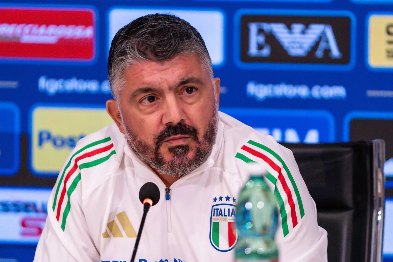 07 October 2025, Italy, Florence: Italy coach Gennaro Gattuso speaks during a press conference ahead of Saturday's FIFA World Cup European qualifying soccer match against Estonia. (dpa)