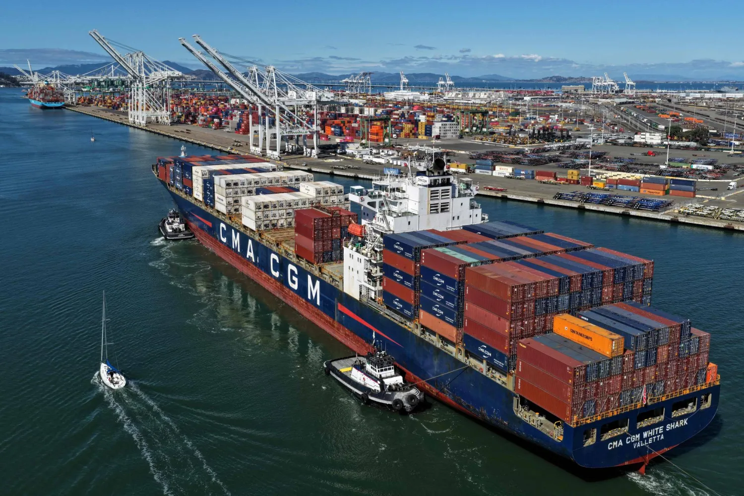 In an aerial view, a container ship arrives at the Port of Oakland on October 10, 2025 in Oakland, California. (Getty Images/AFP)
