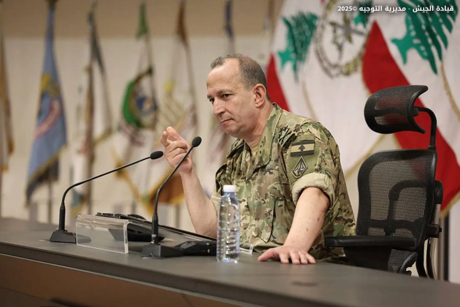 قائد الجيش اللبناني العماد رودولف هيكل خلال حديثه إلى الضباط بمناسبة عيد الجيش (مديرية التوجيه)