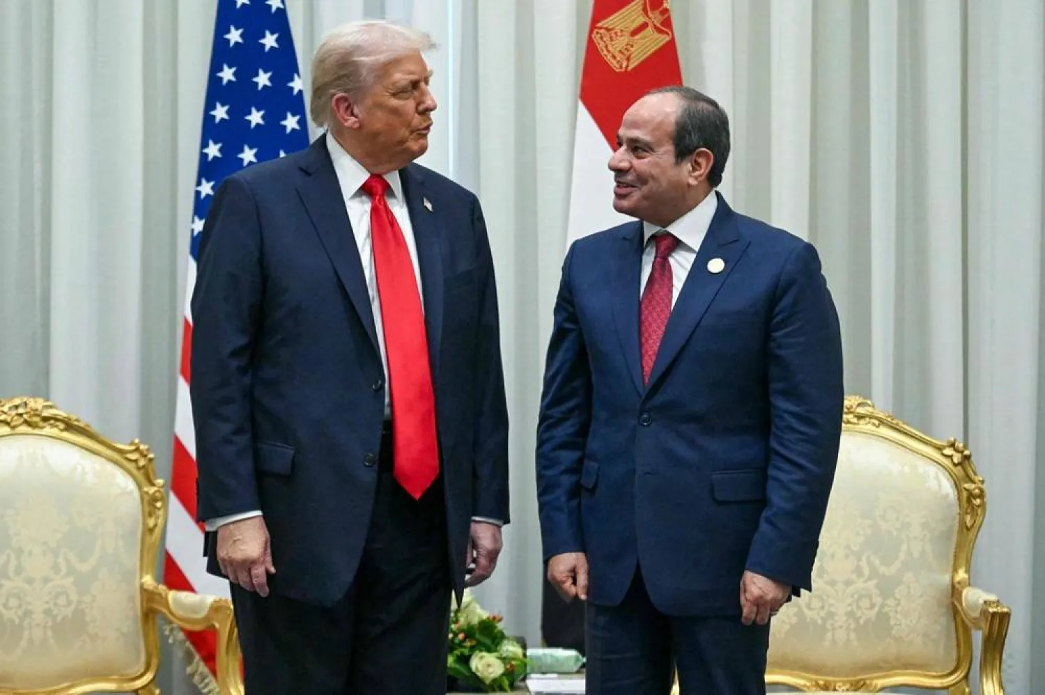 US President Donald Trump holds a meeting with Egypt's President Abdel Fattah al-Sisi during a summit on Gaza in Sharm el-Sheikh on October 13, 2025. (AFP)