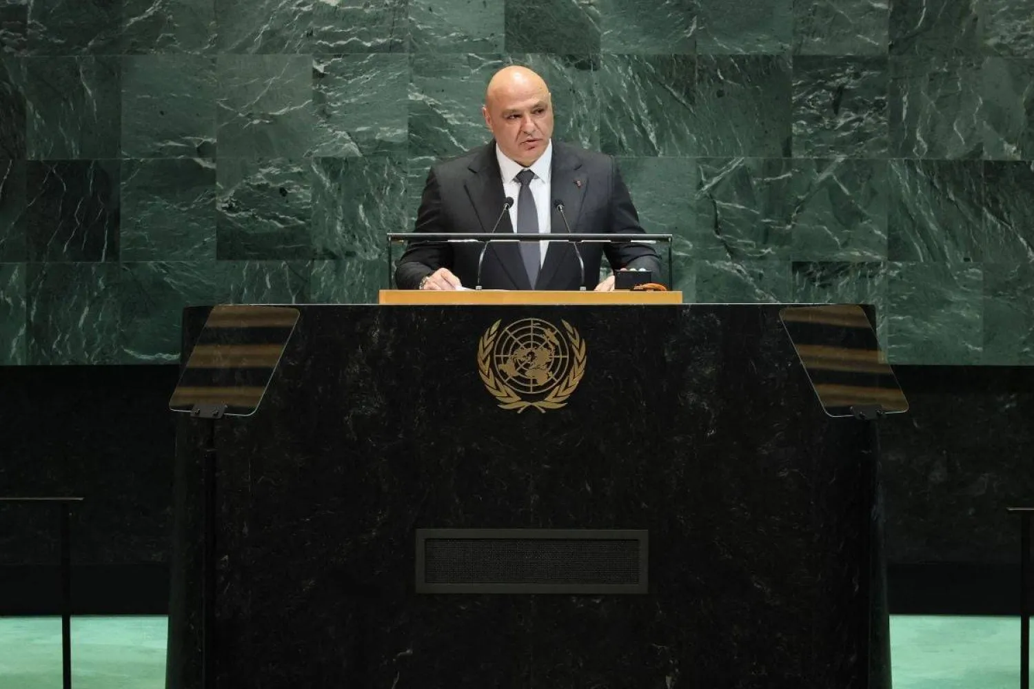  President Joseph Aoun speaks at the United Nations General Assembly at the United Nations headquarters on Sept. 23, 2025, in New York. (AFP)