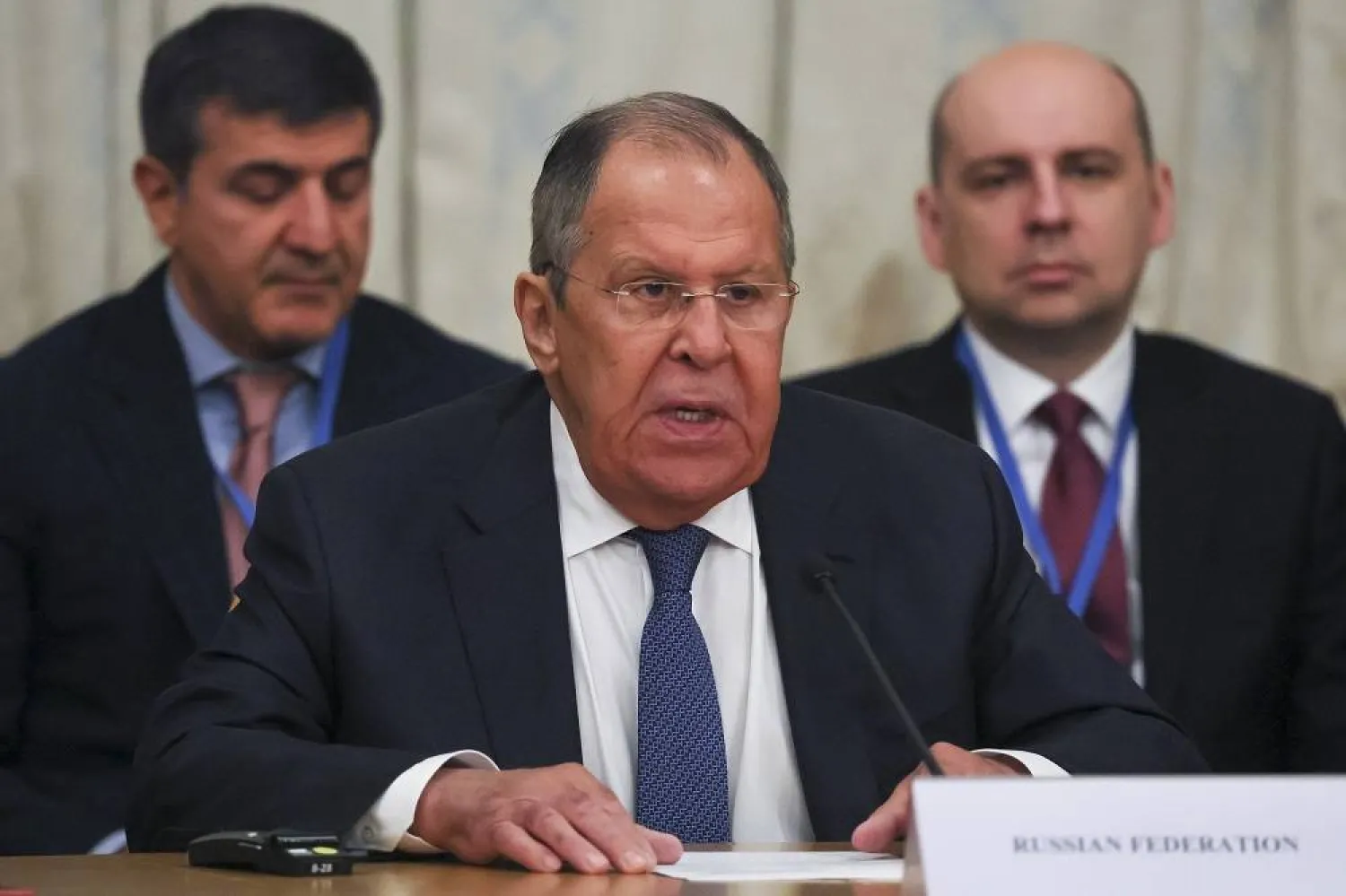 Russian Foreign Minister Sergei Lavrov delivers his speech at the 7th meeting of the Moscow Format of Consultations on Afghanistan in Moscow, Russia, 07 October 2025. (EPA)