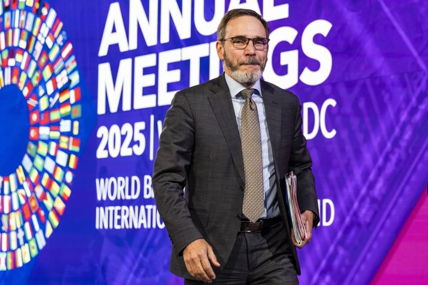 Pierre-Olivier Gourinchas, Economic Counselor of the International Monetary Fund (IMF), departs from a press briefing on the global economic outlook at the 2025 IMF and World Bank Annual Meetings at IMF headquarters in Washington, DC, USA, 14 October 2025. (EPA)