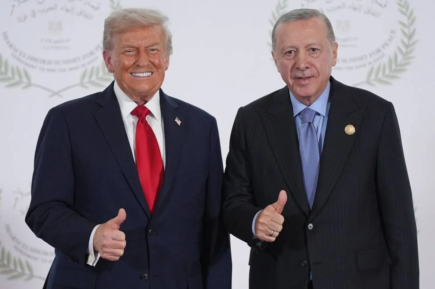 President Donald Trump greets Türkiye’s President Recep Tayyip Erdogan during a summit to support ending the more than two-year Israel-Hamas war in Gaza after a breakthrough ceasefire deal, Monday, Oct. 13, 2025, in Sharm el-Sheikh, Egypt. (AP) 