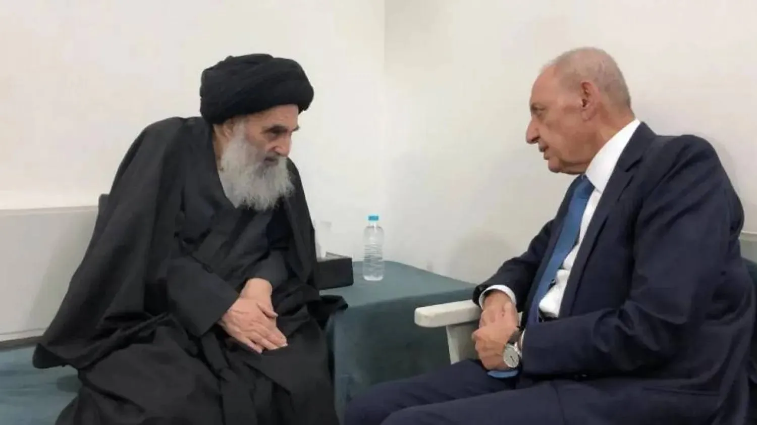 A file photo from Sistani’s website shows his meeting with Lebanese parliament Speaker Nabih Berri in April 2019. 