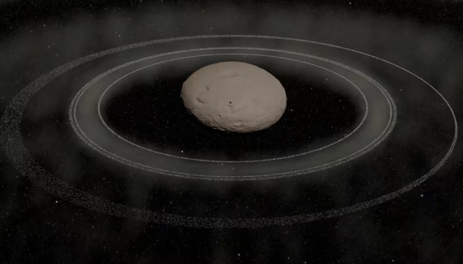 This illustration shows a reconstruction of the centaur object (2060) Chiron, which orbits the sun between the orbits of Saturn and Uranus, and its ring system, in this handout image released on October 14, 2025. UTFPR/Alexandre Crispim/Handout via REUTERS 