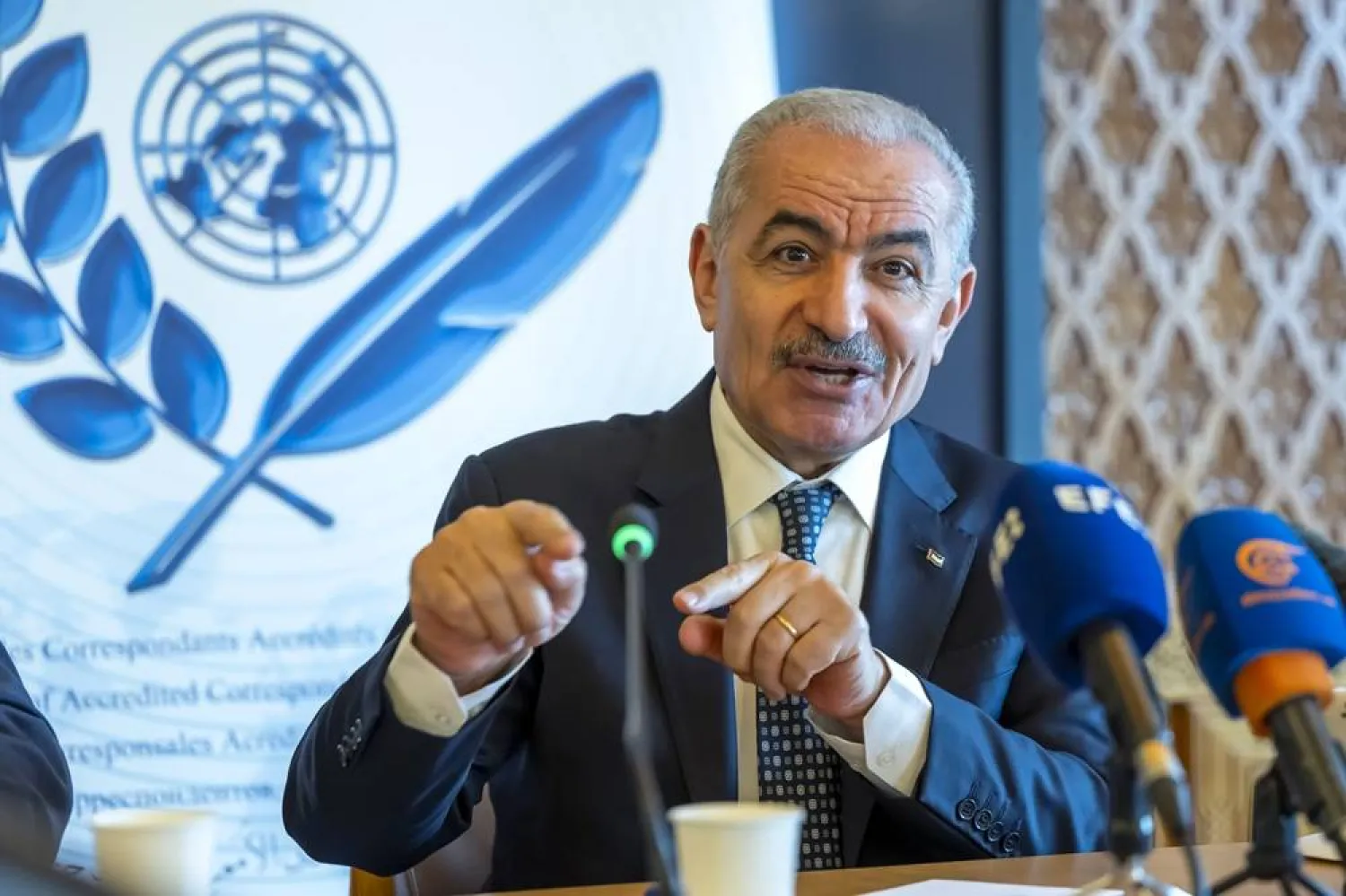 Mohammad Shtayyeh, Special Envoy of the Palestinian President, speaks to journalists from ACANU (Association of the Accredited Correspondents to the United Nations) during a press conference at the European headquarters of the United Nations in Geneva, Switzerland, 15 October 2025. (EPA)