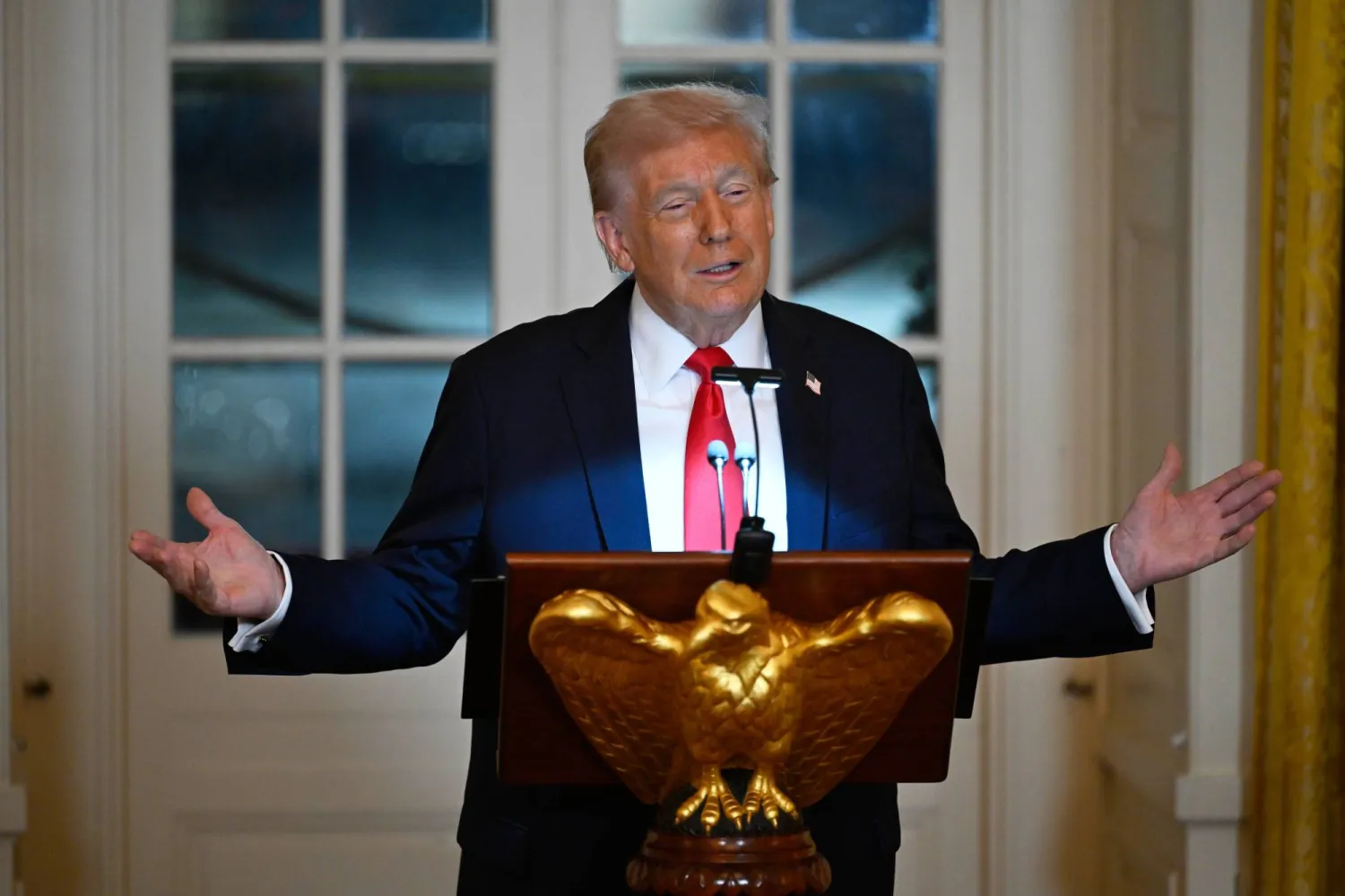 President Donald Trump addresses a dinner for donors who have contributed to build the new ballroom at the White House, Wednesday, Oct. 15, 2025, in Washington. (AP Photo/John McDonnell)