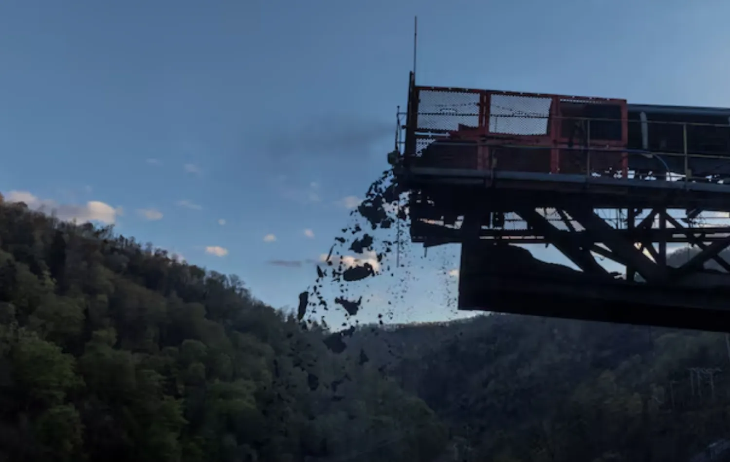 A drone view captures extracted coal as it is transported out of a beltline system during operations at the Black Eagle Mine in Packsville, West Virginia, US, April 12, 2025. REUTERS/Adrees Latif/File Photo