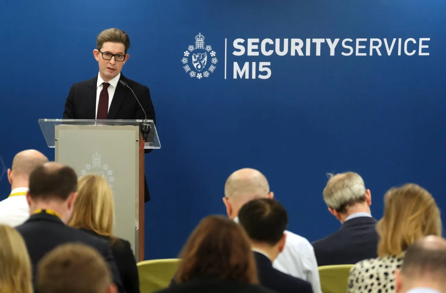 Director General of MI5 Sir Ken McCallum delivers the annual Director General's Speech at Thames House, the headquarters of the UK's Security Service in London, Thursday Oct. 16, 2025. (Jonathan Brady/Pool Photo via AP)