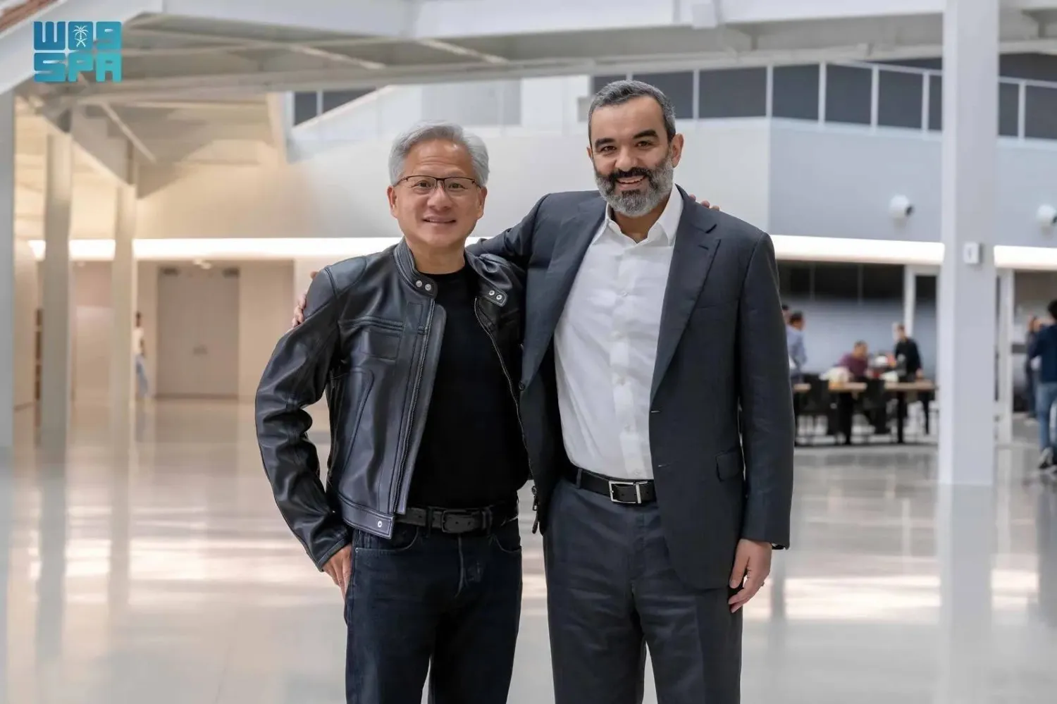 Saudi Minister of Communications and Information Technology Eng. Abdullah Alswaha meets with Nvidia CEO Jensen Huang in the US on Thursday. (SPA)