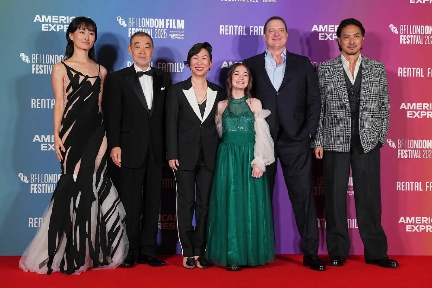 Mari Yamamoto, from left, Akira Emoto, director Hikara, Shannon Mahina Gorman, Brendan Fraser and Takehiro Hira pose for photographers upon arrival at the premiere of the film "Rental Family" during the London film festival in London, Thursday, Oct. 16, 2025. (Photo by Scott A Garfitt/Invision/AP)