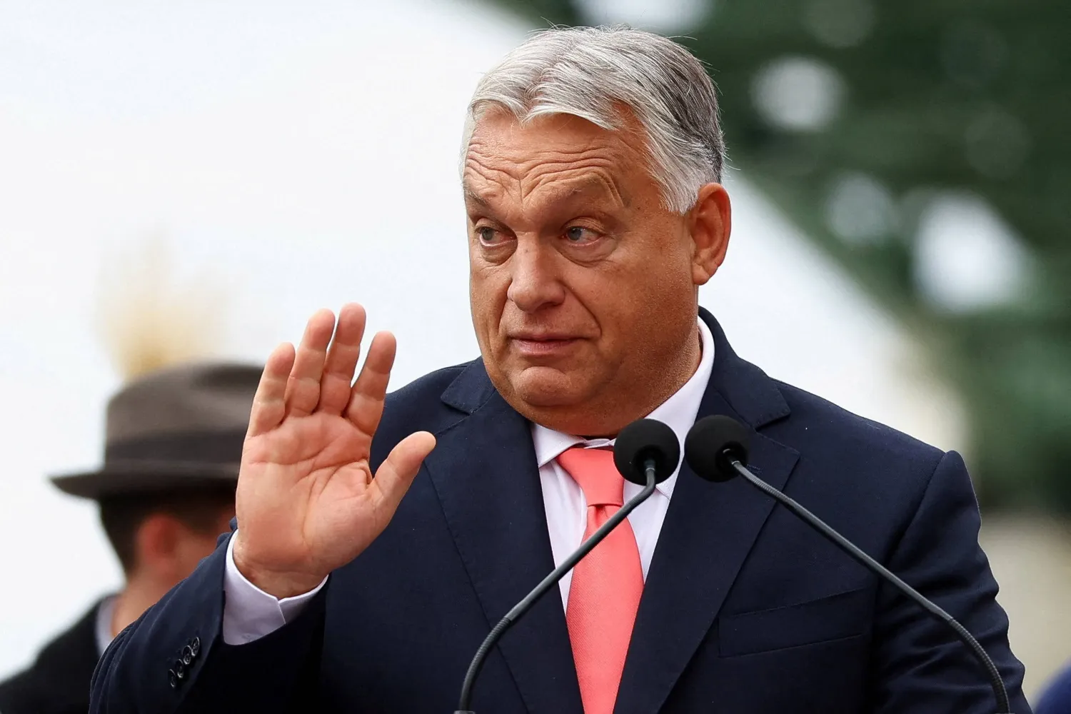 Hungarian Prime Minister Viktor Orban gestures during an event to mark the 130th anniversary of construction of the Maria Valeria Bridge in Esztergom, Hungary, September 28, 2025. (Reuters)
