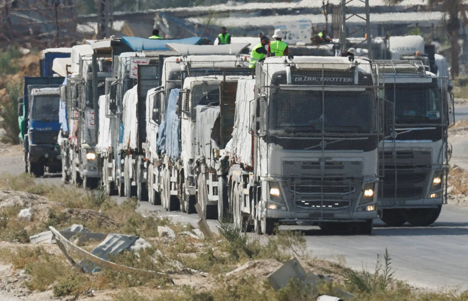 Trucks carry aid for Palestinians, amid a ceasefire between Israel and Hamas in Gaza, in Khan Younis, in the southern Gaza Strip, October 17, 2025. (Reuters)