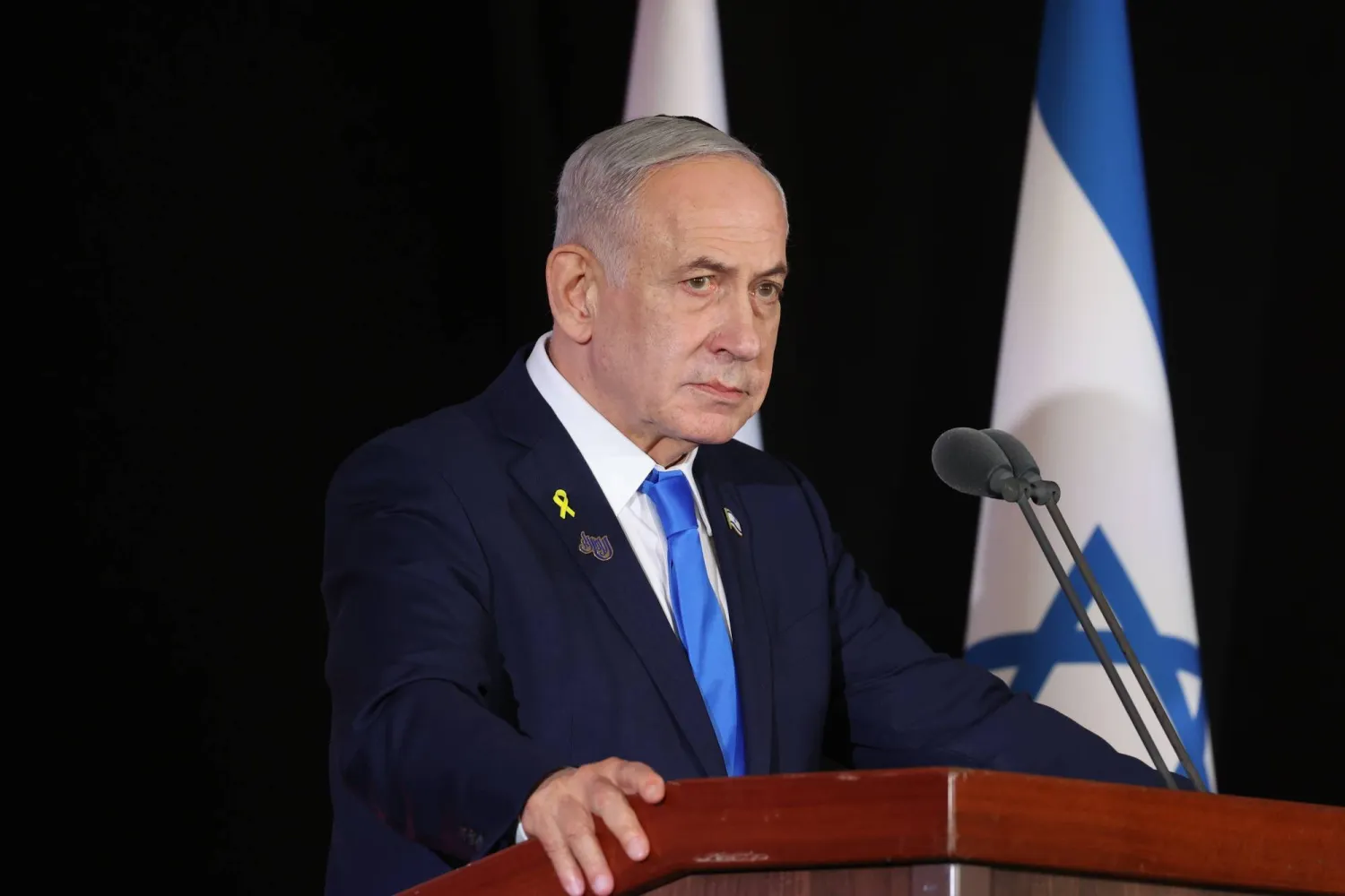 Israeli Prime Minister Benjamin Netanyahu delivers a speech during the ceremony of the Iron Swords War Memorial Day on Mount Herzl in Jerusalem, Israel, 16 October 2025 to commemorate the victims of the October 7 attacks. (EPA)