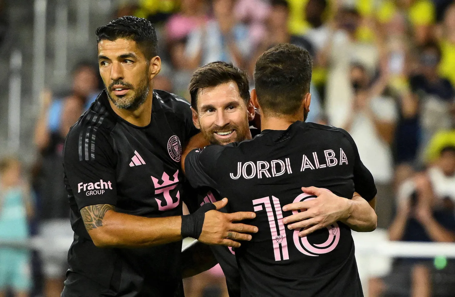 Oct 18, 2025; Nashville, Tennessee, USA;  Inter Miami forward Lionel Messi (10) celebrates with his teammates after scoring a goal against Nashville SC during the second half at Geodis Park. Mandatory Credit: Steve Roberts-Imagn Images 