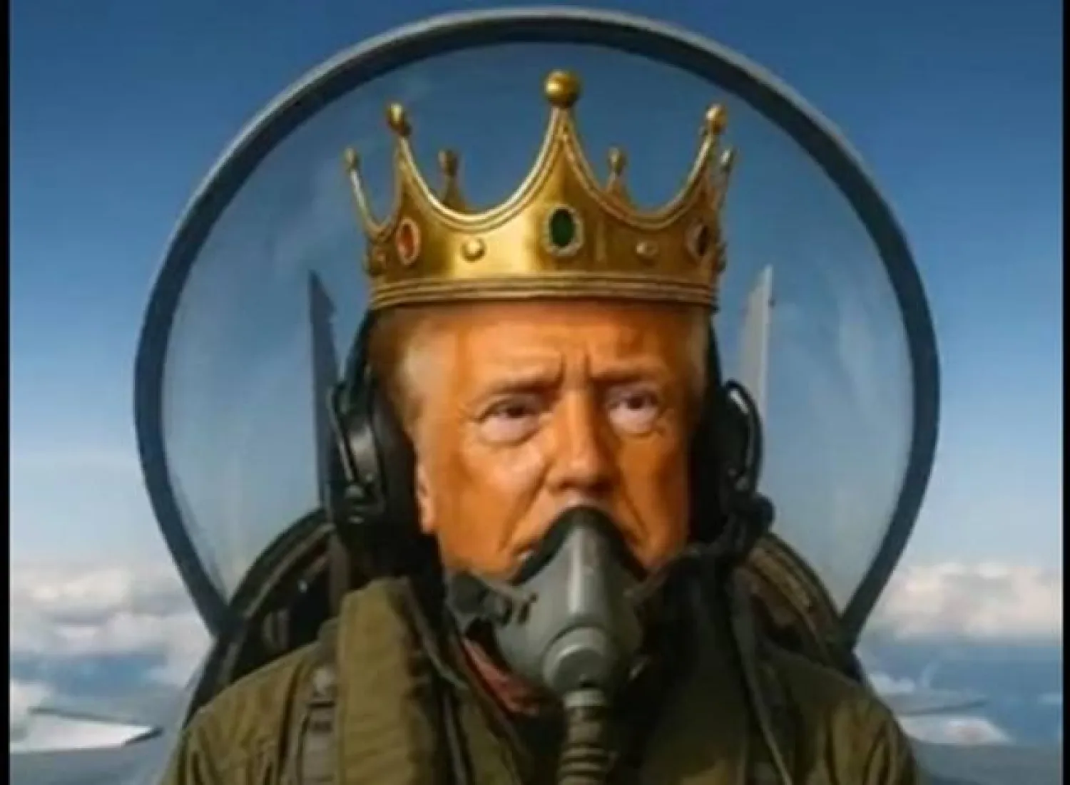 لقطة من فيديو منفَّذ بالذكاء الاصطناعي تظهر الرئيس الأميركي ترمب يرتدي تاجاً ويقود طائرة حربية (حساب ترمب عبر منصة «تروث سوشال») 