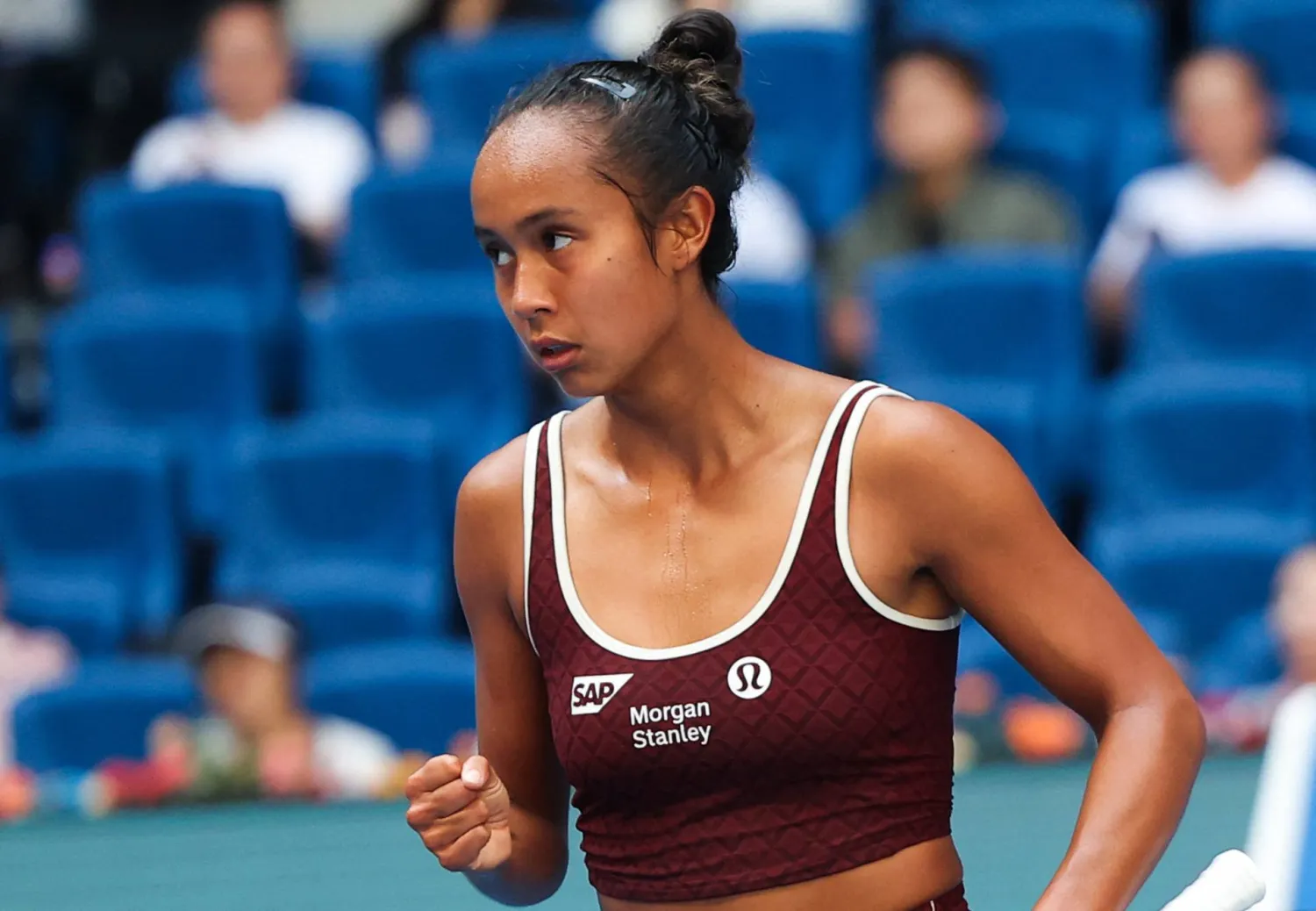 Tennis - China Open - The Beijing Olympic Green Tennis Center, Beijing, China - September 28, 2025 Canada's Leylah Fernandez reacts during her round of 32 match against Coco Gauff of the US. REUTERS/Maxim Shemetov