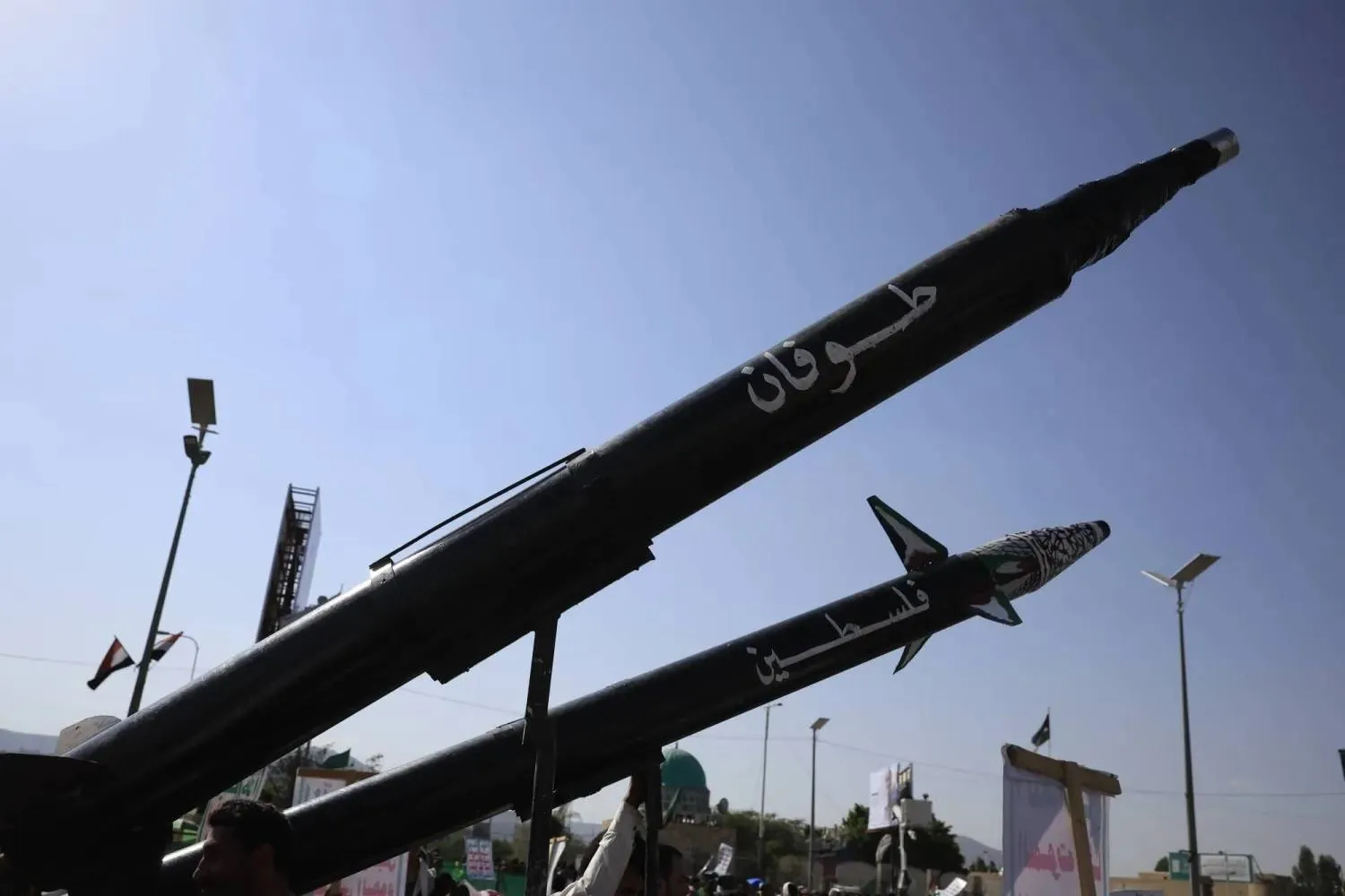 Houthis erect mock missile displays on a street in Sanaa (EPA)