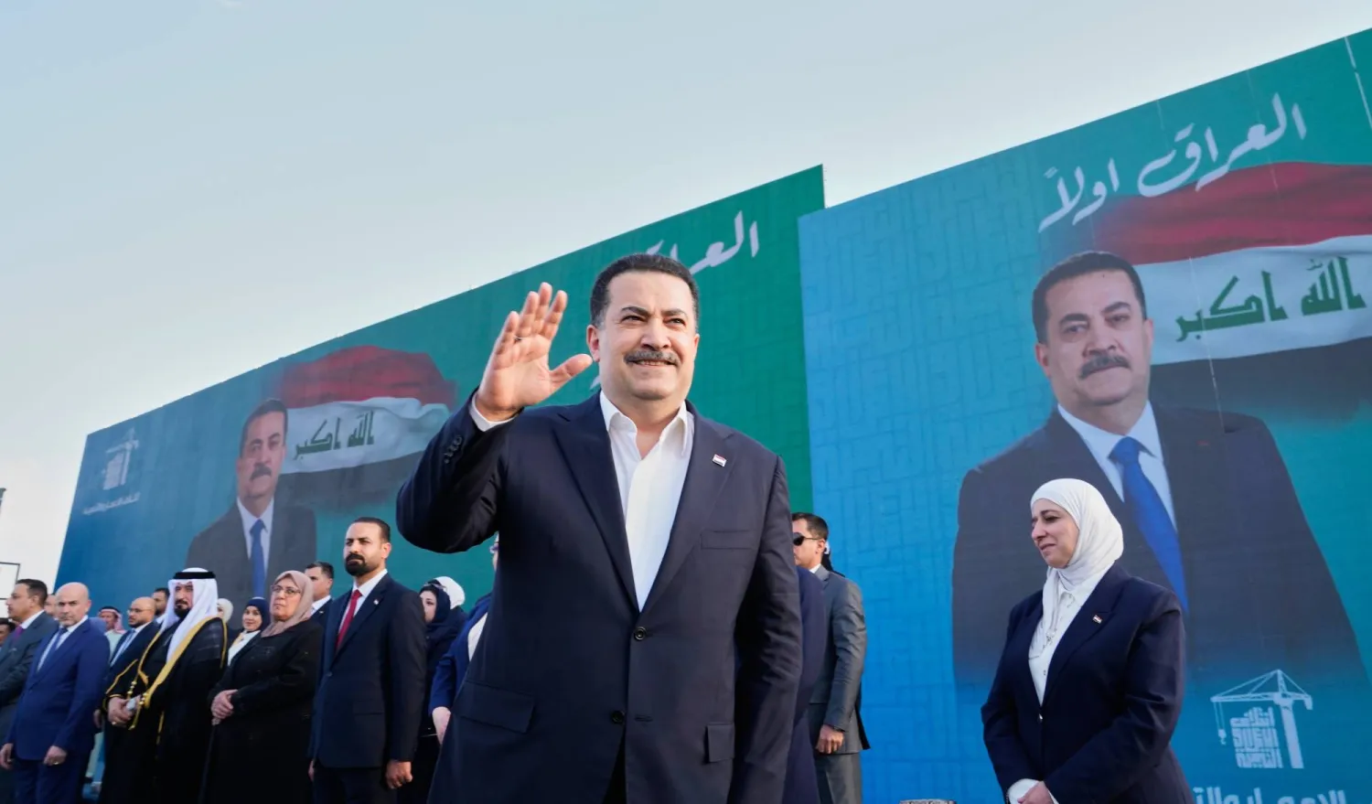 Iraqi Prime Minister Mohammed Shia al-Sudani arrives to his political block campaign rally before the parliamentary elections in Mosul, Iraq, Saturday, Oct. 18, 2025. (AP)