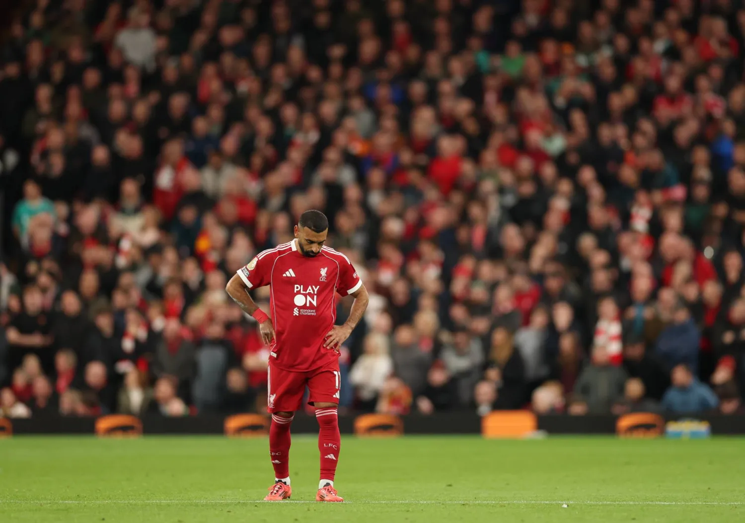 Mohamed Salah of Liverpool looks on during the English Premier League match between Liverpool FC and Manchester United, in Liverpool, Britain, 19 October 2025. (EPA)