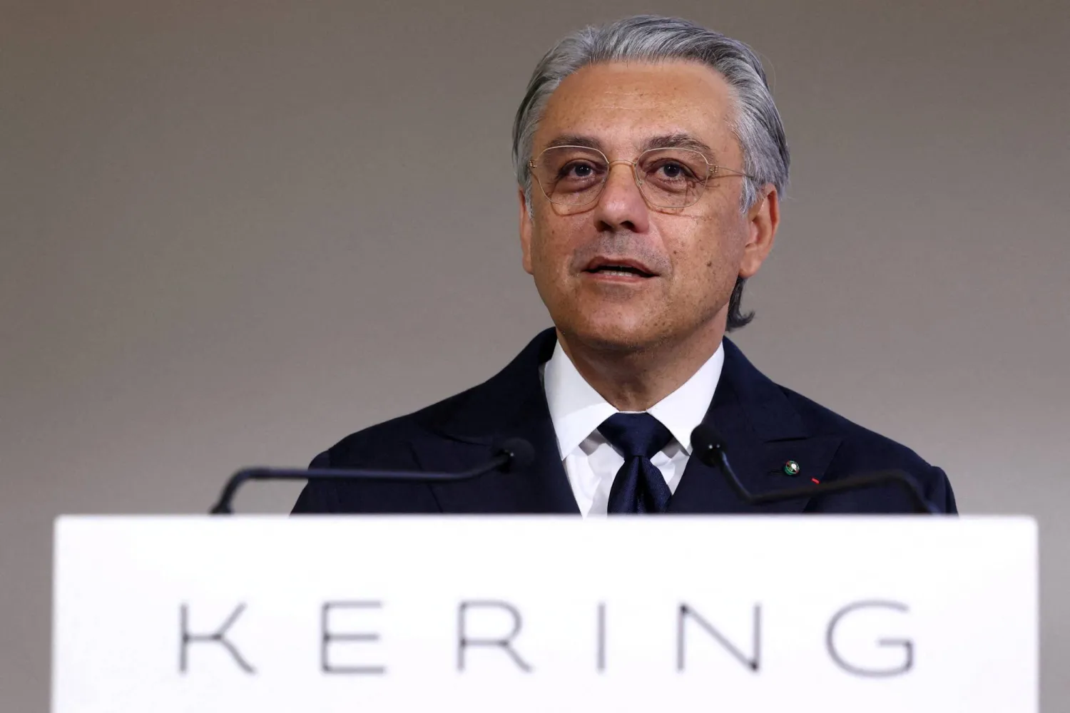 FILE PHOTO: Luca de Meo, incoming CEO of French luxury group Kering, delivers a speech during an extraordinary shareholder meeting of Kering at the company's headquarters in Paris, France, September 9, 2025. REUTERS/Tom Nicholson/File Photo