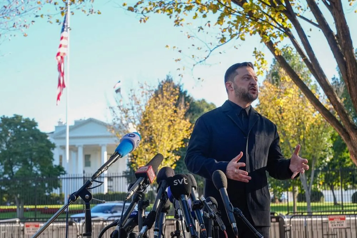 Ukraine's President Volodymyr Zelensky speaks to reporters in Lafayette Park across the street from the White House, following a meeting with President Donald Trump, Friday, Oct. 17, 2025, in Washington. (AP)