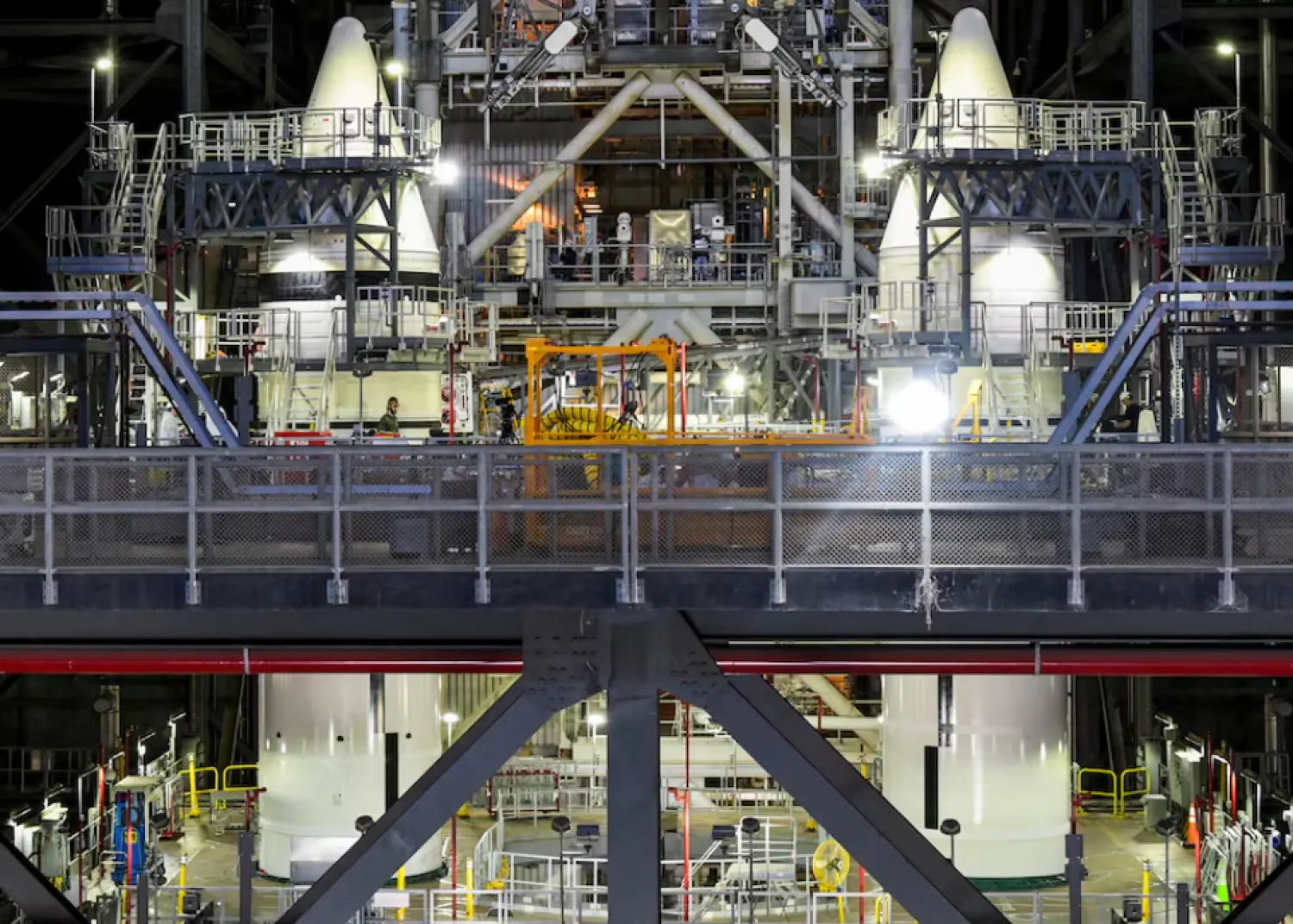 Scaffolding surrounds the Artemis solid rocket boosters inside the Vehicle Assembly Building High Bay 3 during a NASA media day event at the Kennedy Space Center in Cape Canaveral, Florida, US, March 7, 2025. REUTERS/Steve Nesius/File Photo