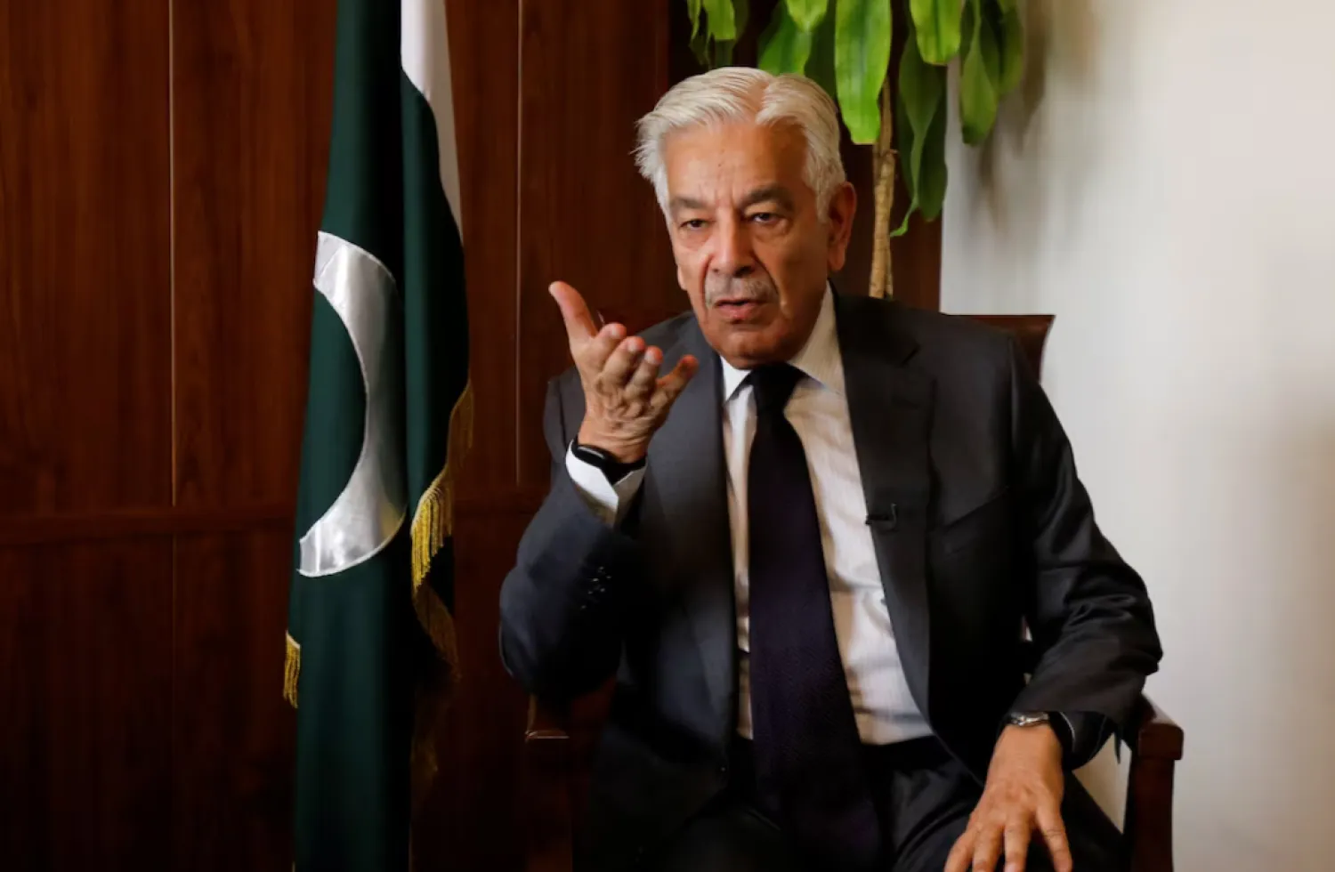 Pakistan's Defense Minister Khawaja Muhammad Asif speaks during an interview with Reuters in Islamabad, Pakistan, October 20, 2025. REUTERS/Salahuddin Purchase Licensing Rights