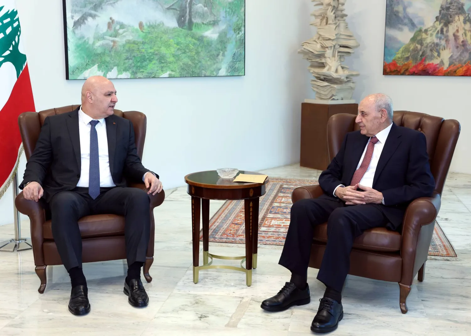 President Joseph Aoun and parliament Speaker Nabih Berri meet at the Baabda palace on Monday. (Lebanese presidency)