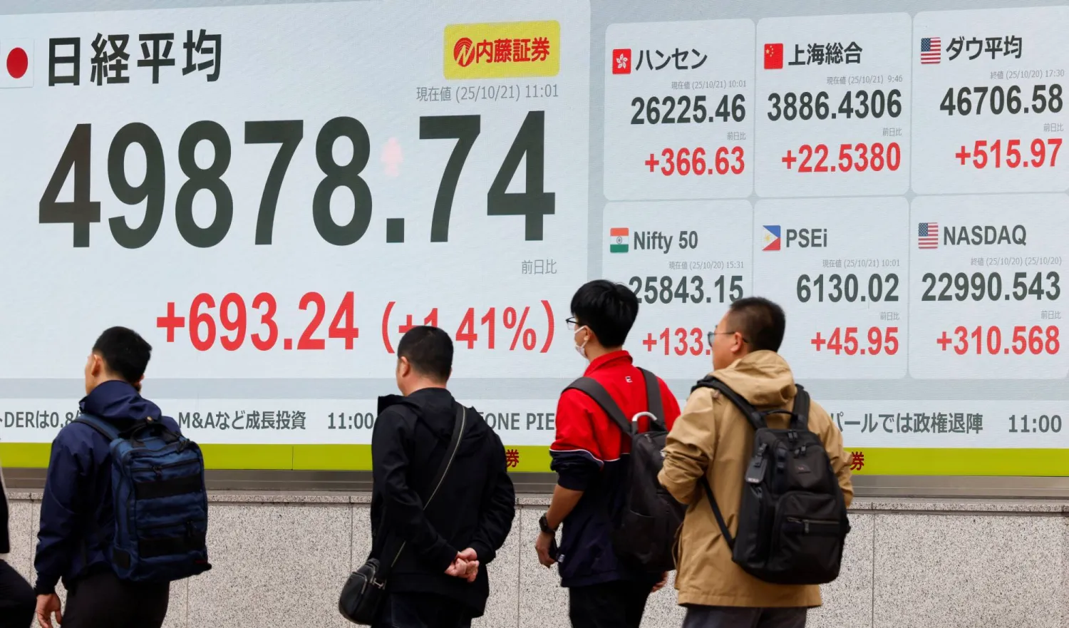 لوحة إلكترونية تعرض حركة الأسهم في وسط العاصمة اليابانية طوكيو (رويترز)