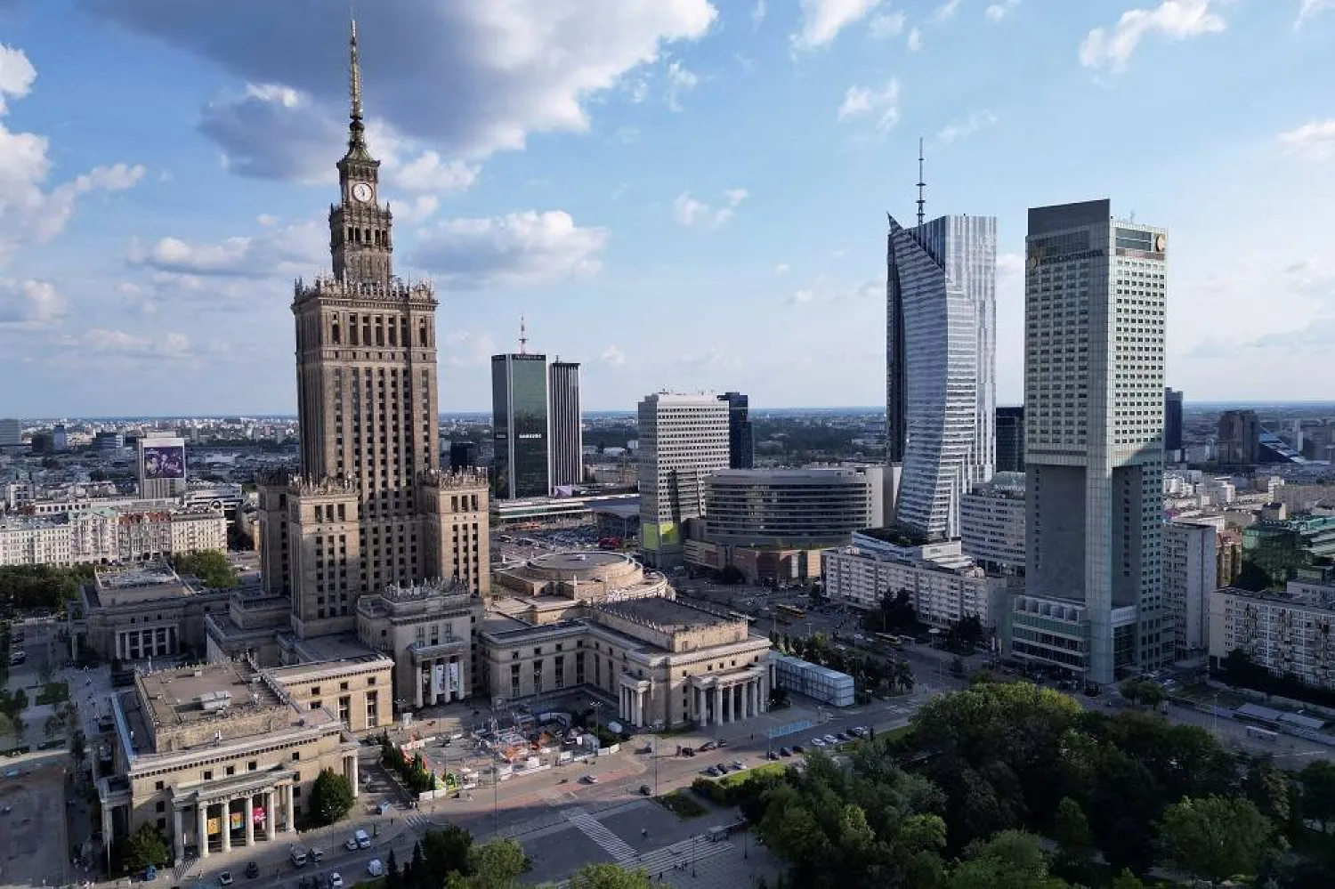 A drone view shows Warsaw’s skyline with modern skyscrapers and the Palace of Culture and Science in Warsaw, Poland, July 18, 2025.  (Reuters)