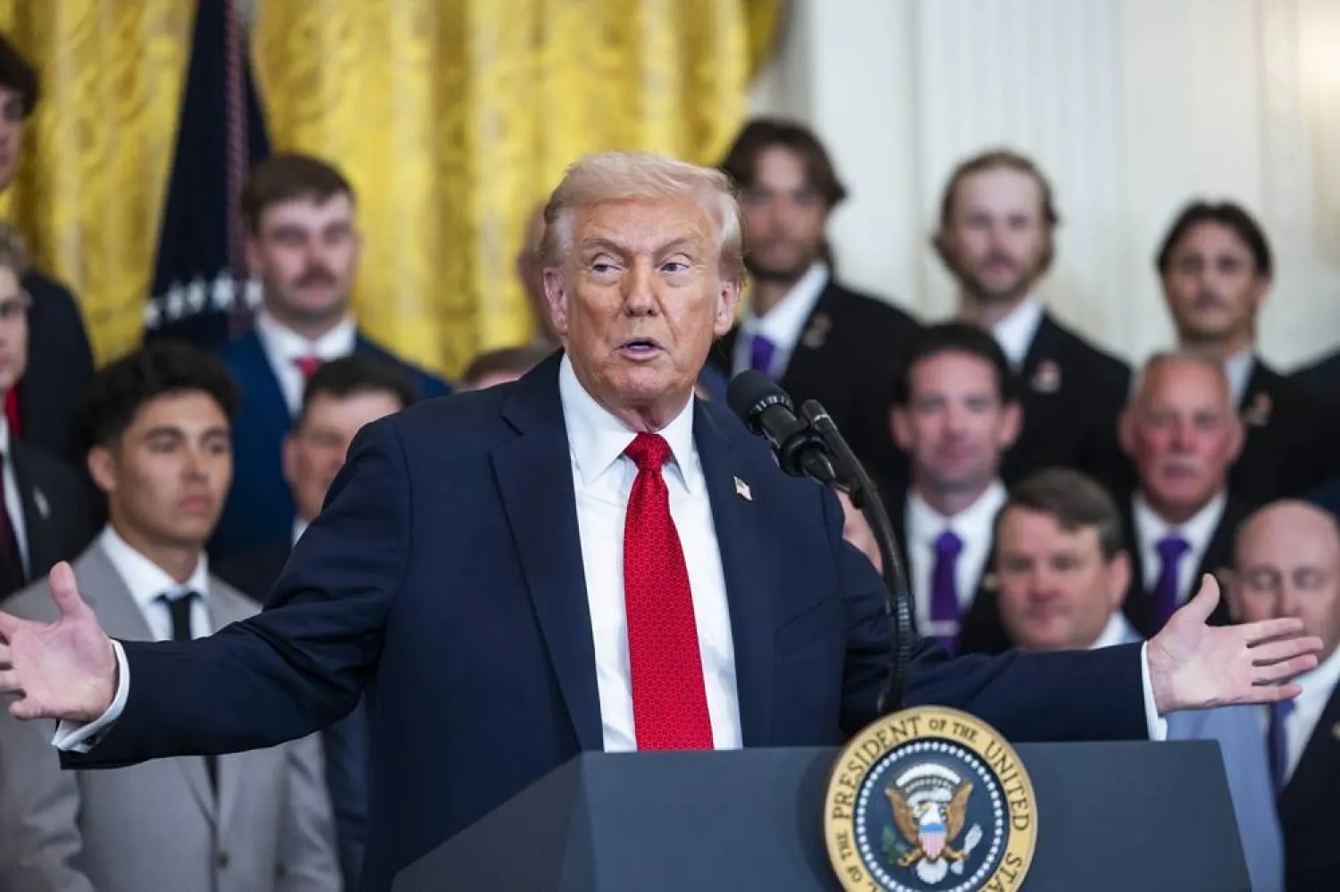 US President Donald Trump honors the Louisiana State University (LSU) and LSU Shreveport championship baseball teams in the East Room of the White House in Washington, DC, USA, 20 October 2025. (EPA)