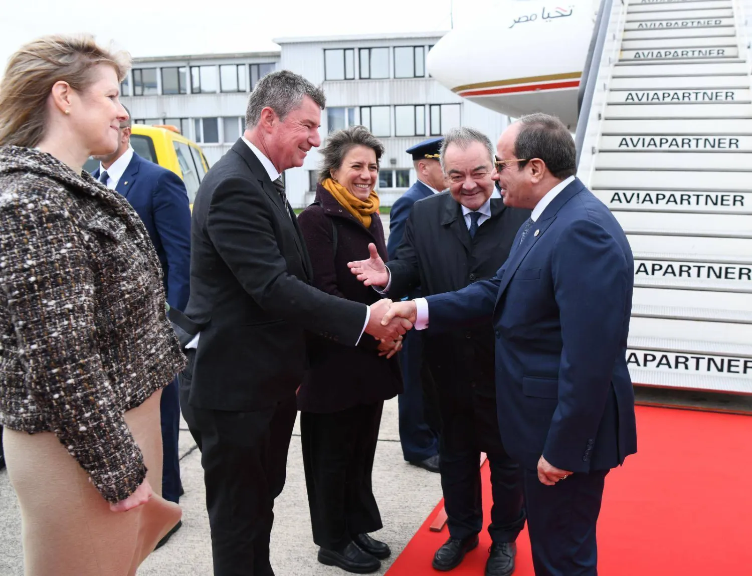 Egypt's President Sisi is welcomed upon his arrival in Brussels on Tuesday. (Egyptian Presidency)