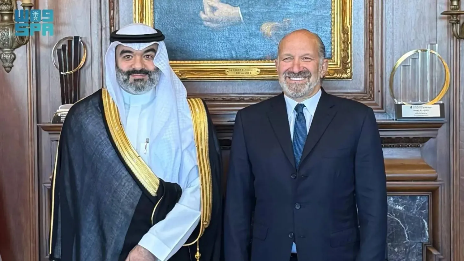 Saudi Minister of Communications and Information Technology Eng. Abdullah Alswaha meets with US Secretary of Commerce Howard Lutnick. (SPA)