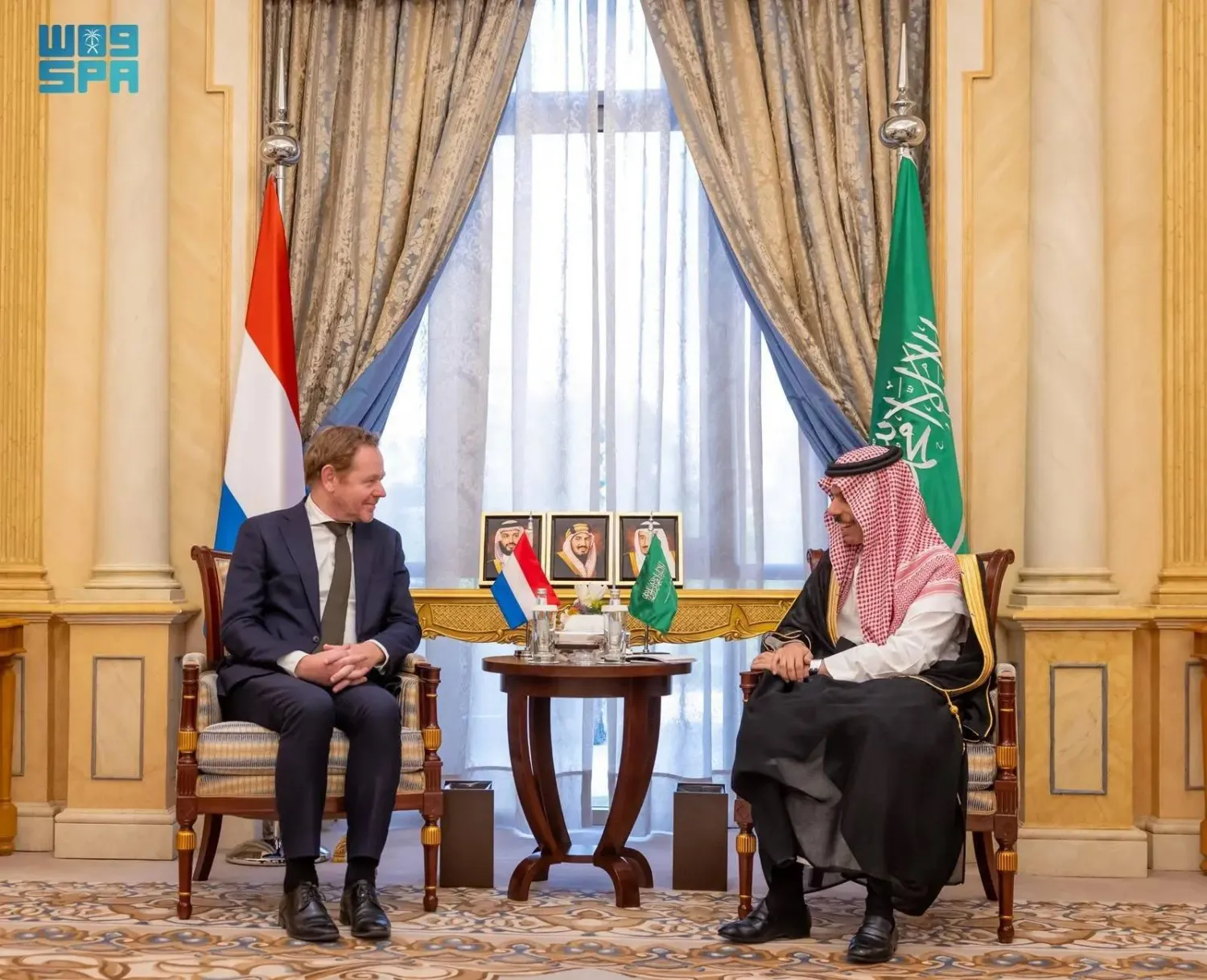Saudi Minister of Foreign Affairs Prince Faisal bin Farhan bin Abdullah and his Dutch counterpart David van Weel meet in Riyadh on Tuesday. (SPA)