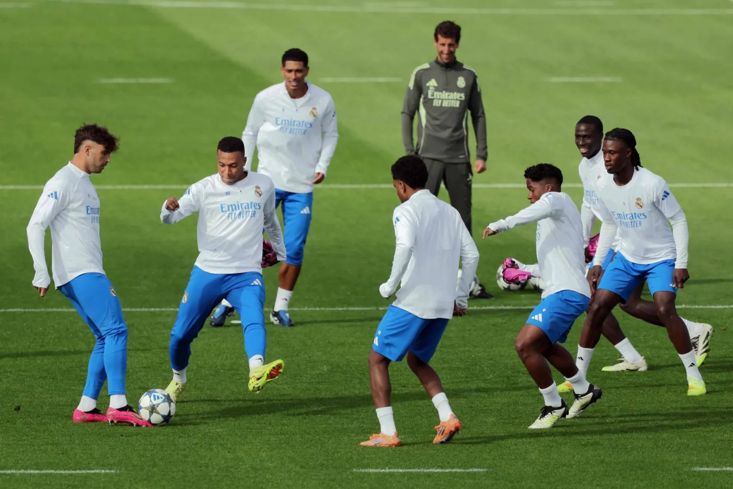 Real Madrid's French forward #10 Kylian Mbappe (2nd L) takes part in a training session on the eve of the UEFA Champions League, League Phase - Matchday 3, football match between Real Madrid CF and Juventus FC at the club's training grounds of Valdebebas in Madrid, on October 21, 2025. (AFP)